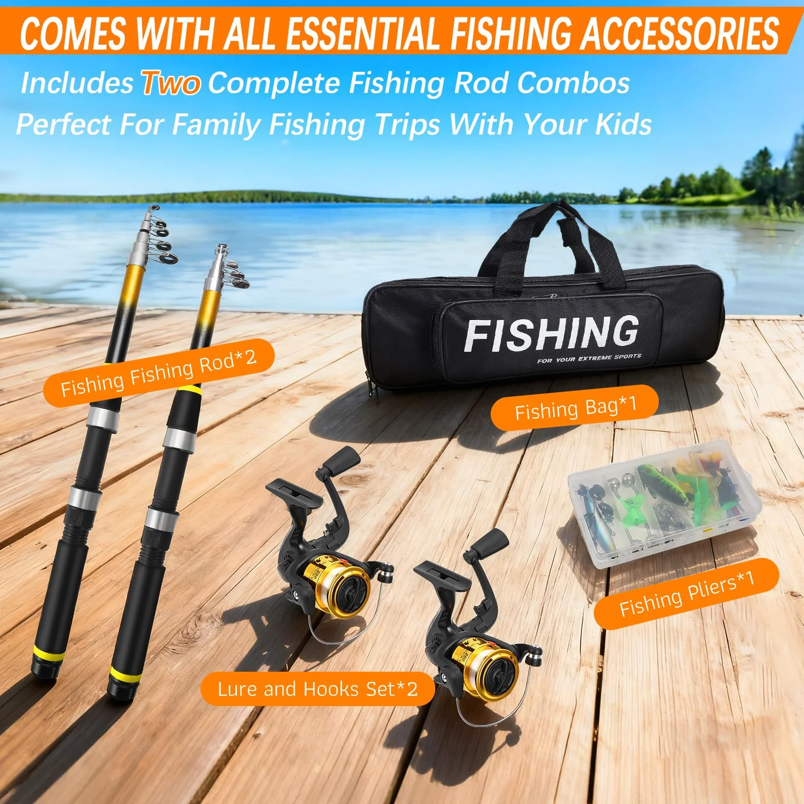 Lot de 2 cannes à pêche télescopiques 1,8 m/2,1 m avec 102 accessoires kit de pêche complet pour débutants
