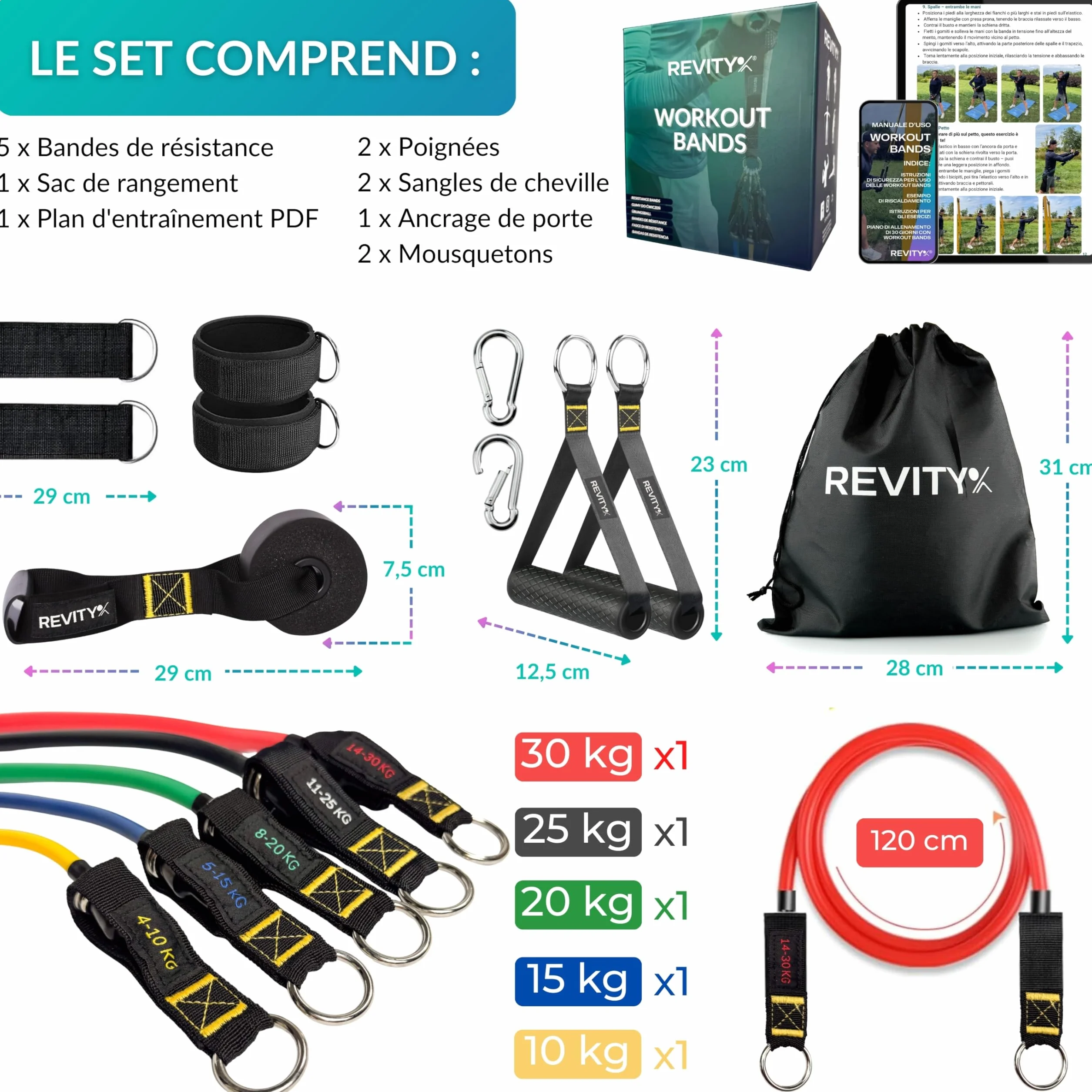 Elastique Musculation Kit 5 Pièces - Bande de Résistance avec Poignées pour Entraînement Fitness à la Maison