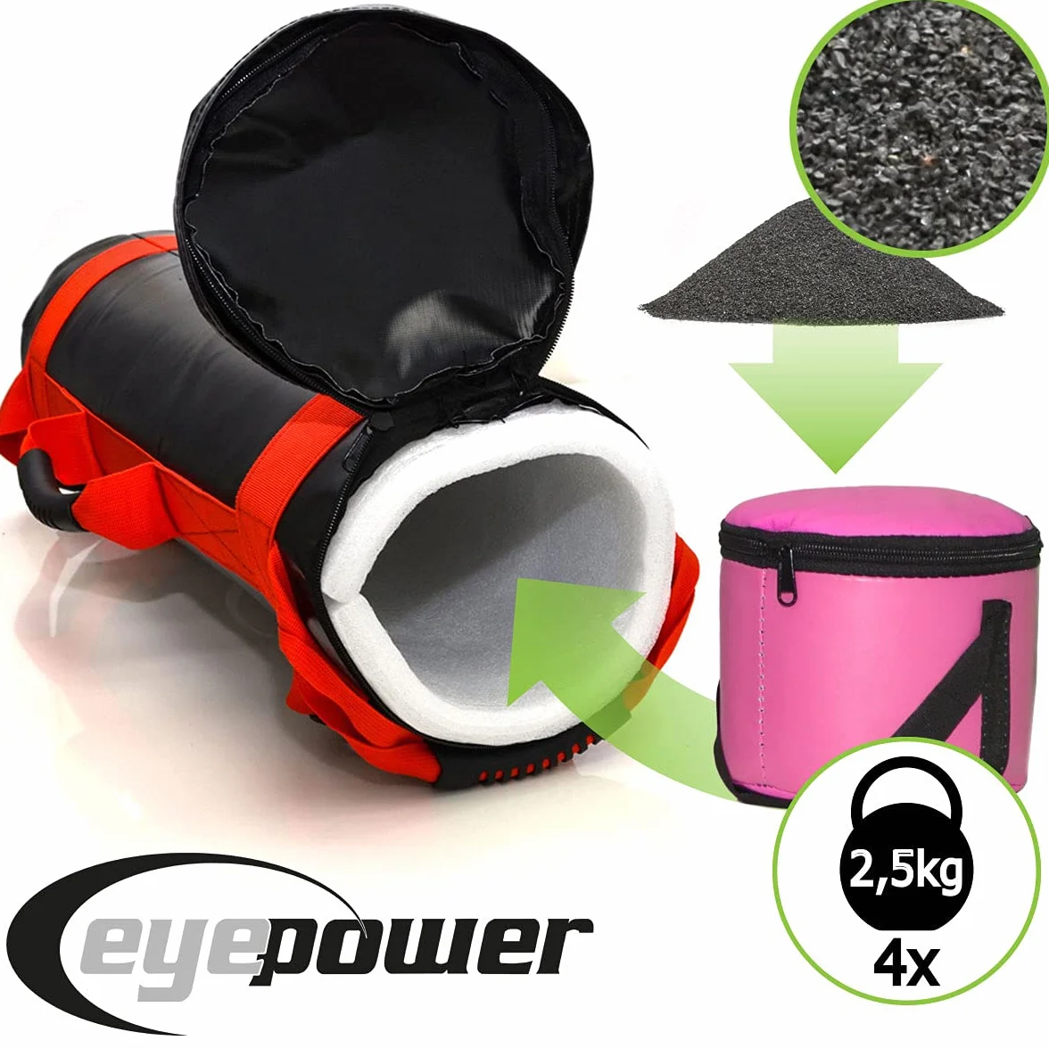EYEPOWER 2,5-10kg Power Bag de Musculation 17x45cm Sac de Sable Sandbag Rouge