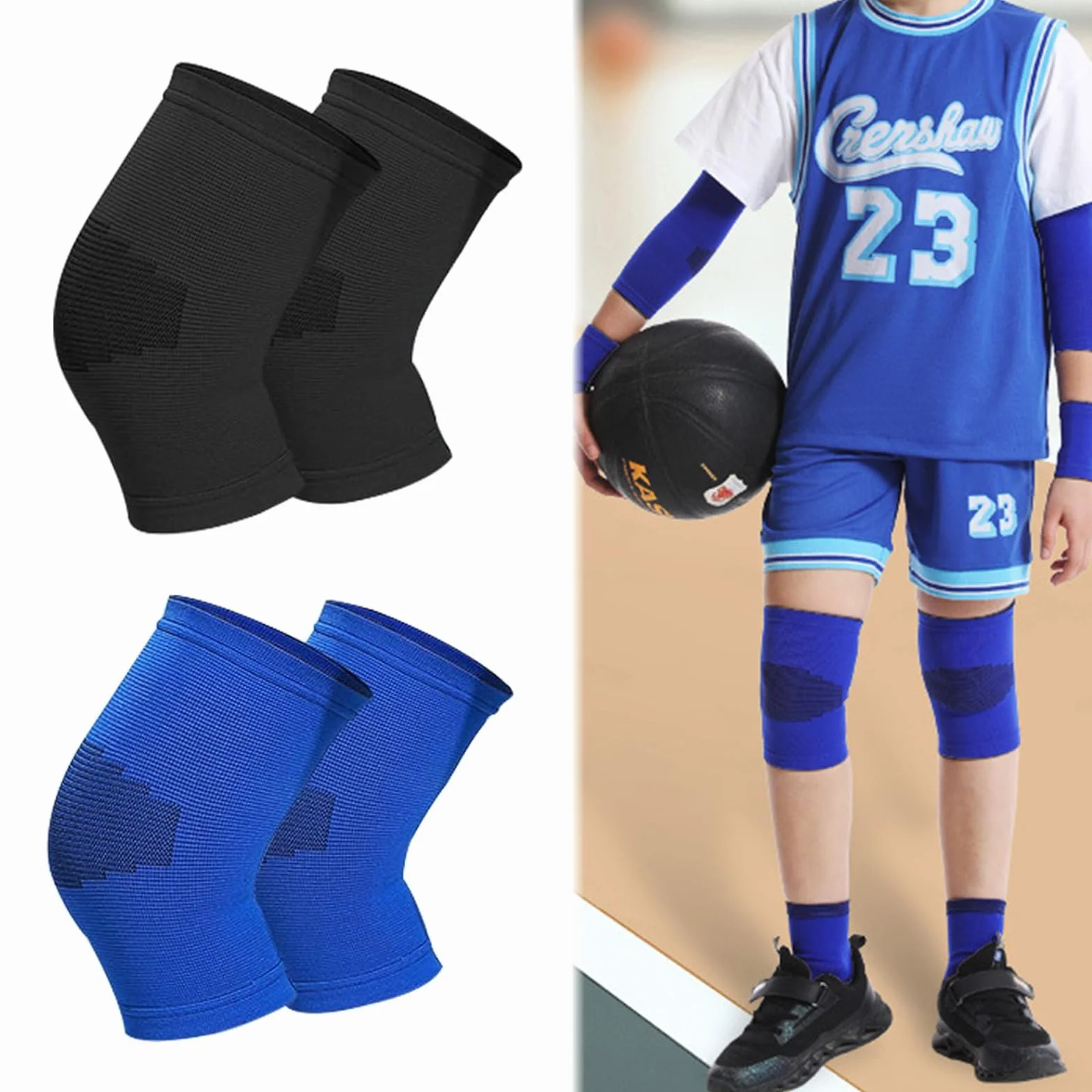 Genouillère Enfant Nylon Haute Qualité 4 Pièces Haute Élasticité Travaux, Protege Genoux Diamant, Sports Extérieur (Bleu et Noir)