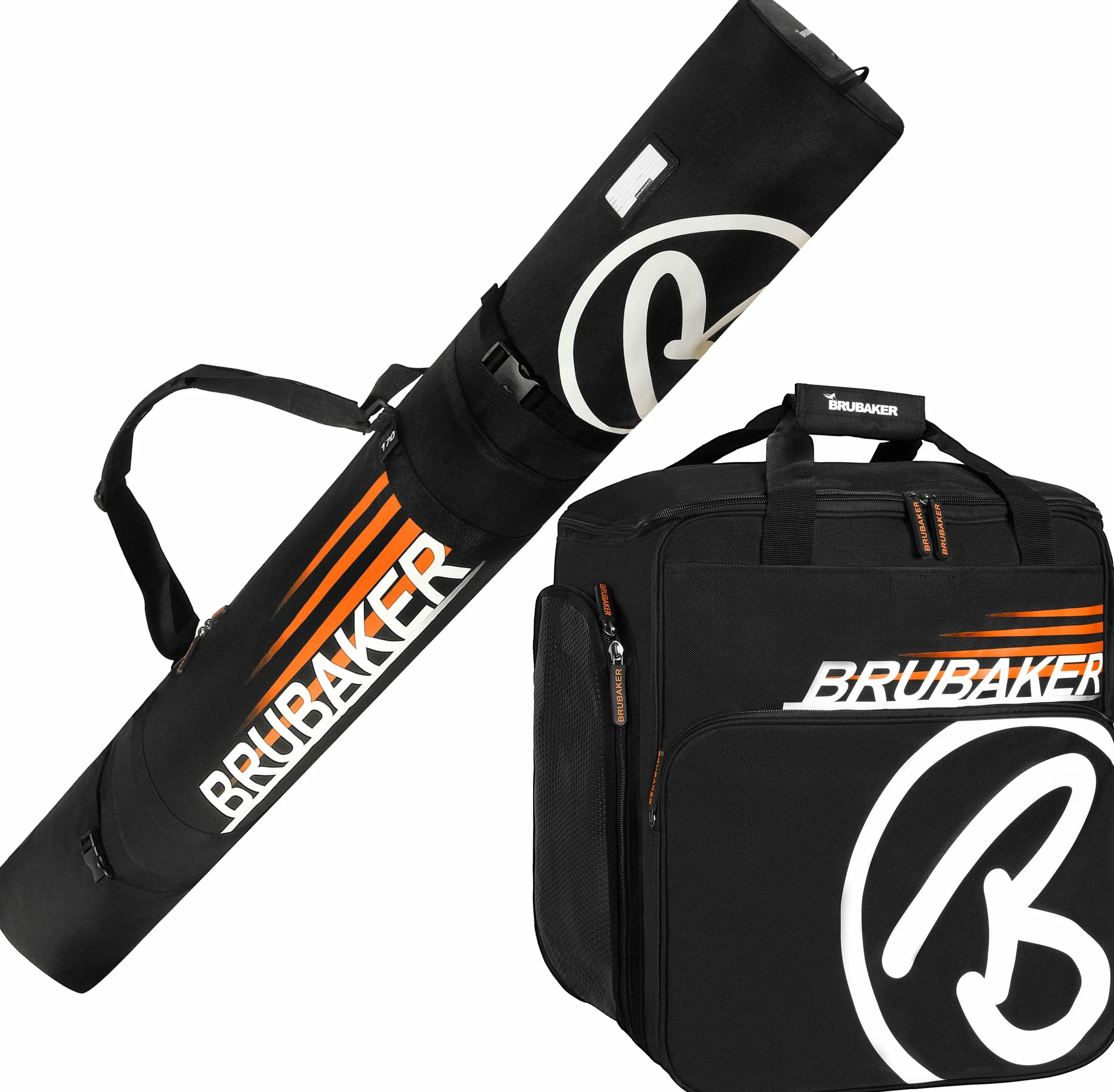 BRUBAKER Set de Ski ‘Champion’ - Housse à Skis et Sac à Chaussures de Ski pour 1 Paire de Skis + Bâtons + Chaussures + Casque - 170 cm - Noir/Orange