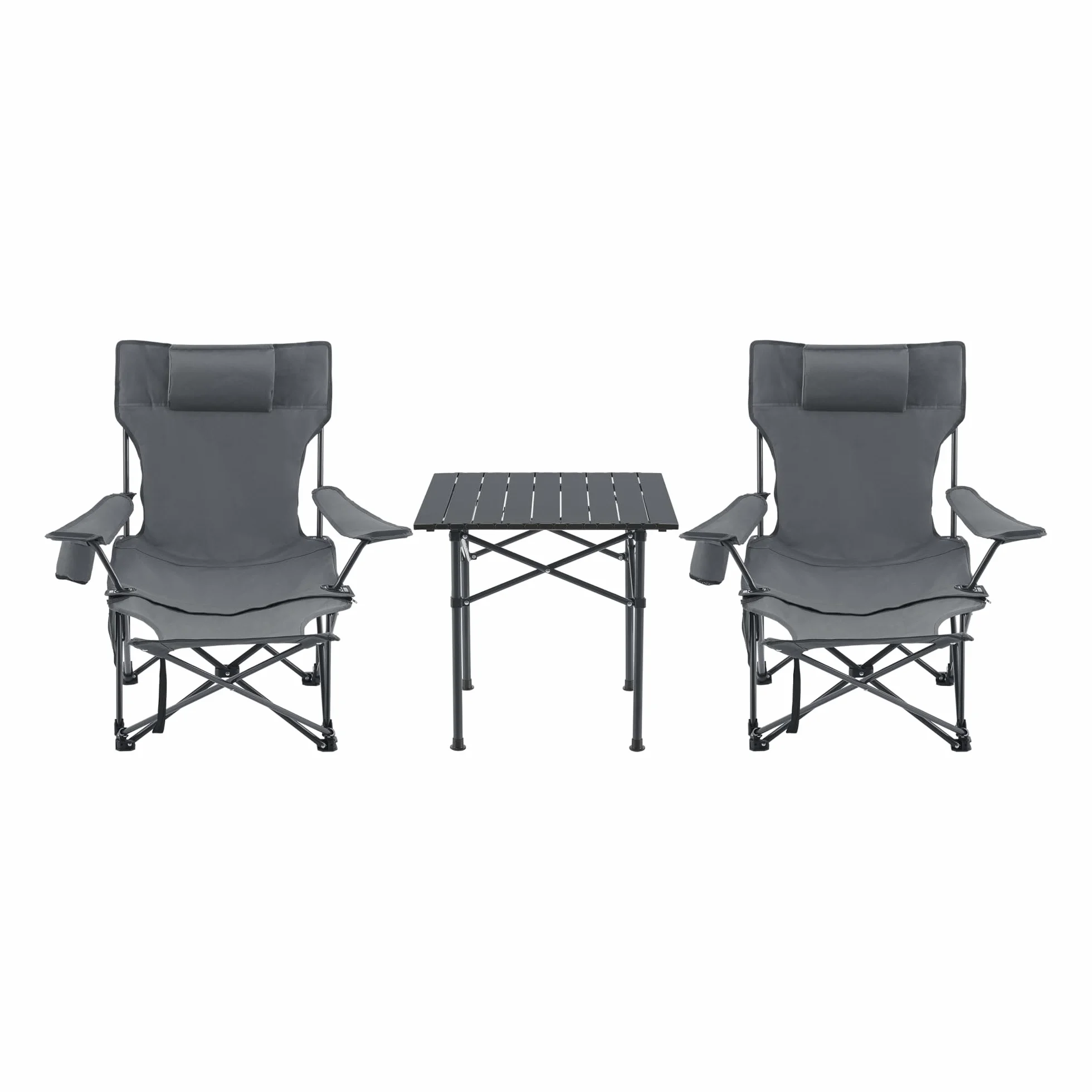 casa.pro Set de Table et 2 Chaises de Camping Pliantes d'Extérieur Siège Confortable avec Dossier Réglable Appuie-Tête Repose-Pieds Porte-Gobelet pour Festival Pêche Pique-Nique Plage Acier Gris