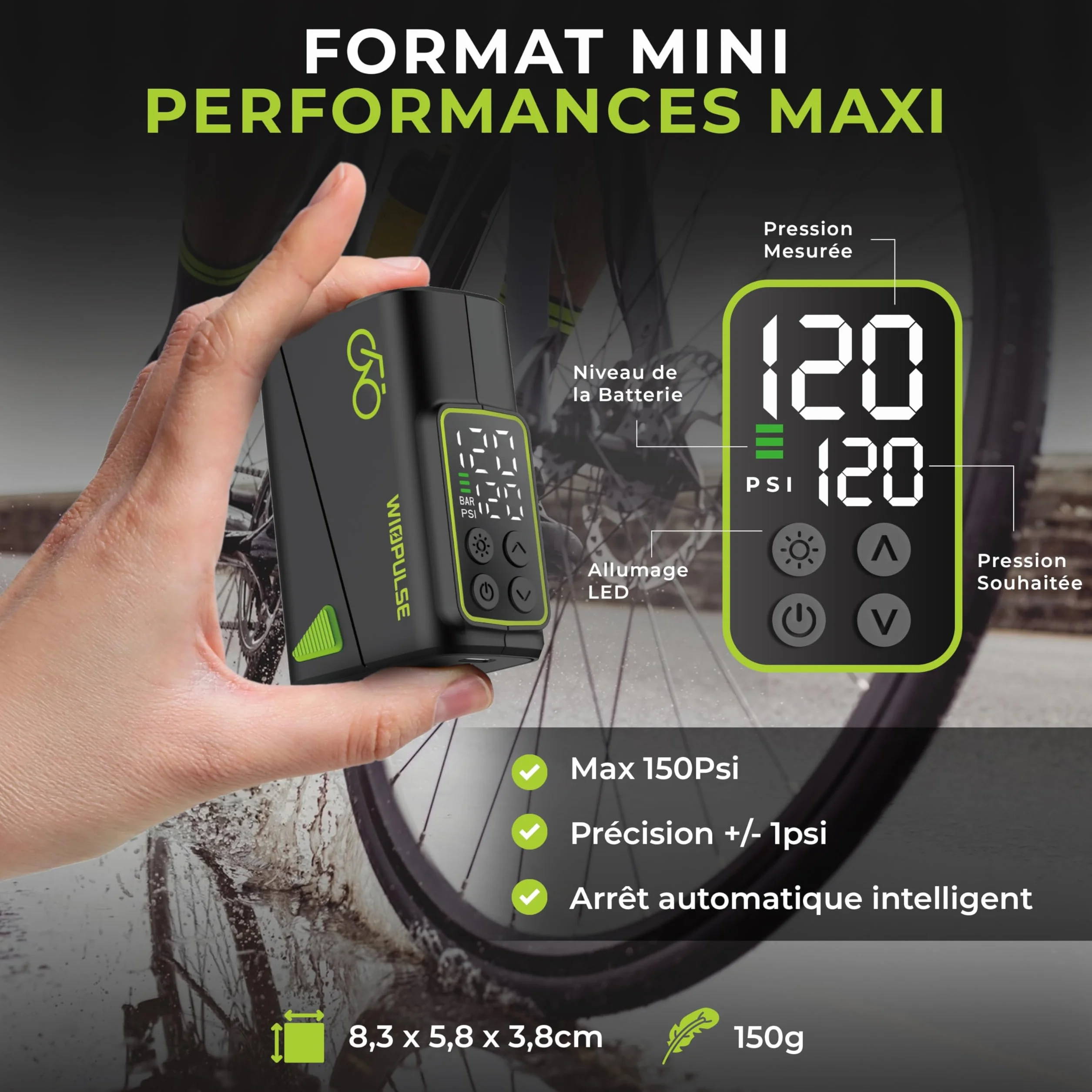 Mini Pompe Vélo Électrique 150 PSI Compresseur Portable LCD Arrêt Auto LED Presta Schrader