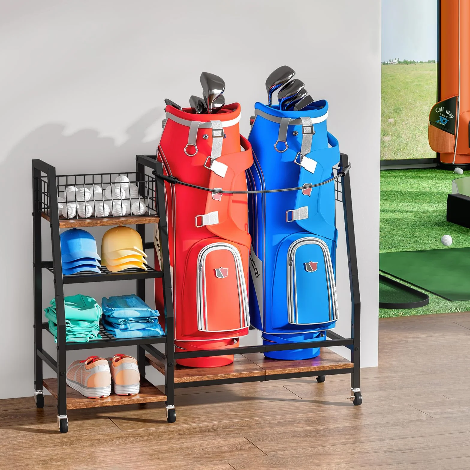 Support de Rangement pour Clubs de Golf avec Roulettes, Organisateur Robuste pour Sacs de Golf
