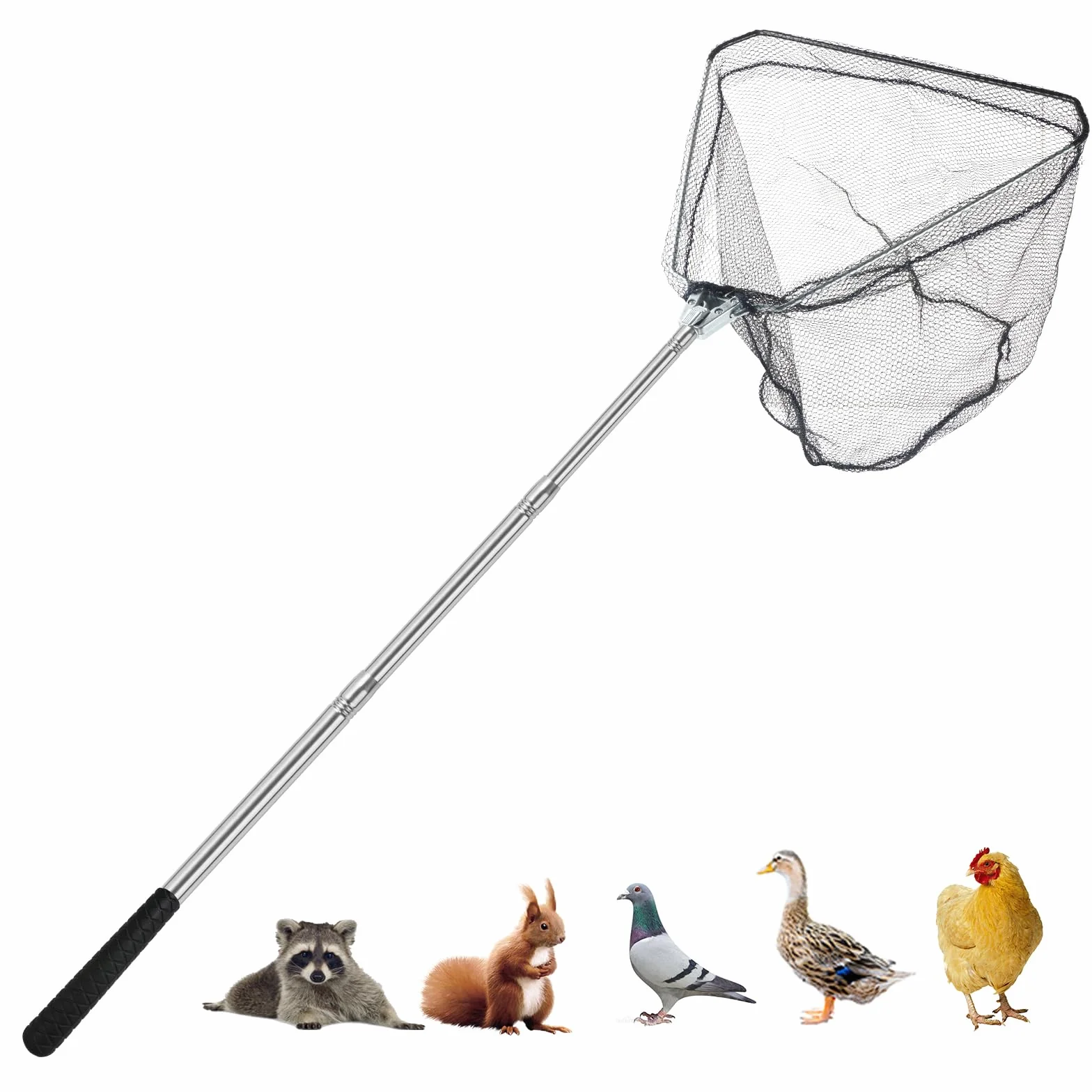 Filet de capture de poulet, filet animal avec poteau extensible en acier inoxydable de 117 cm, filet à poulet pour poulets, canards, oiseaux, chats, chiens, résille, attrape-poulet pour