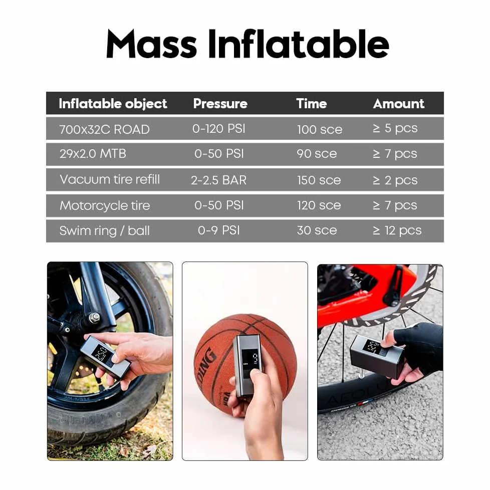 A3MAX Mini pompe à vélo électrique max 150 PSI avec manomètre, arrêt automatique, avec valve Presta et Schrader pour vélo électrique, VTT, vélo de ville et vélo de route