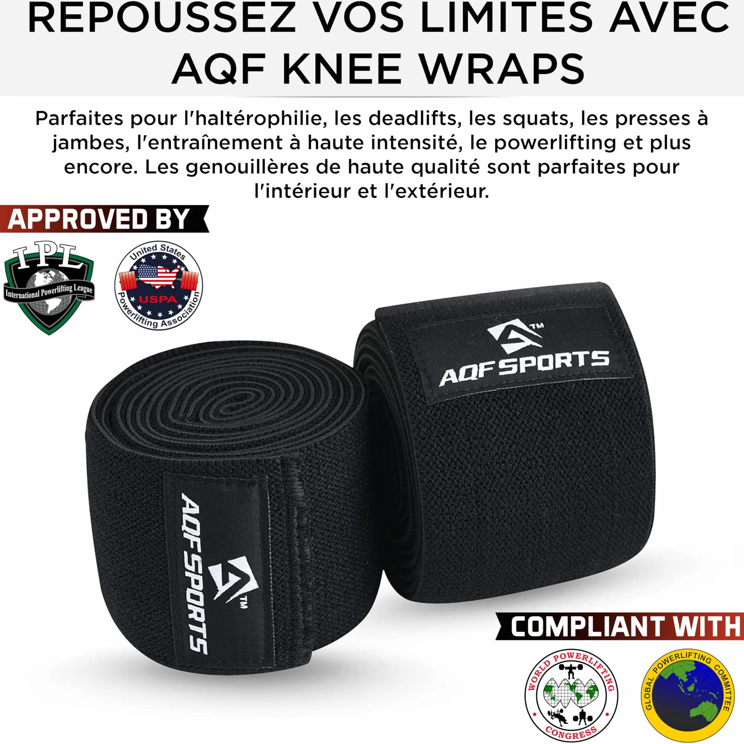 AQF Genouillère Bandage Musculation IPL USPA Approuvé Sangles de Genou Haltérophilie Elastique Sport Knee Wraps Attelle Protection Genoux Squat Entraînement