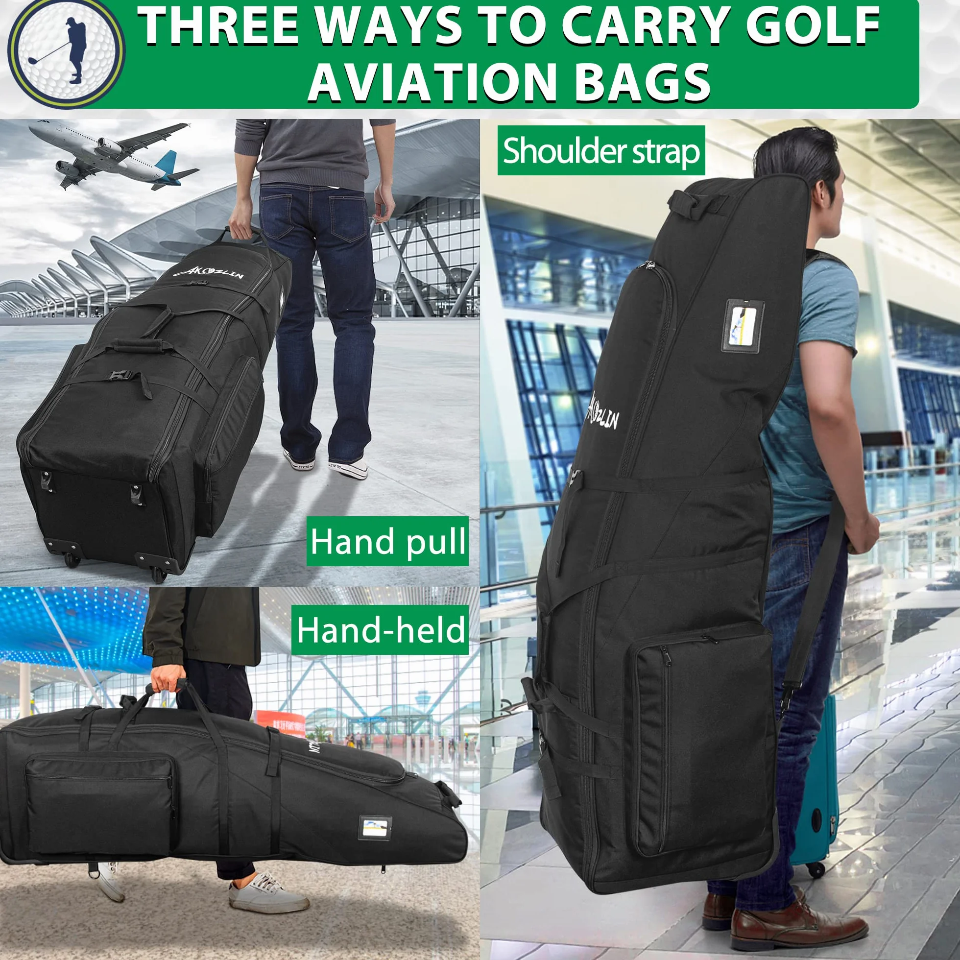 Sac de golf de voyage AKOZLIN avec roues 900D Oxford robuste rembourré pliable imperméable noir