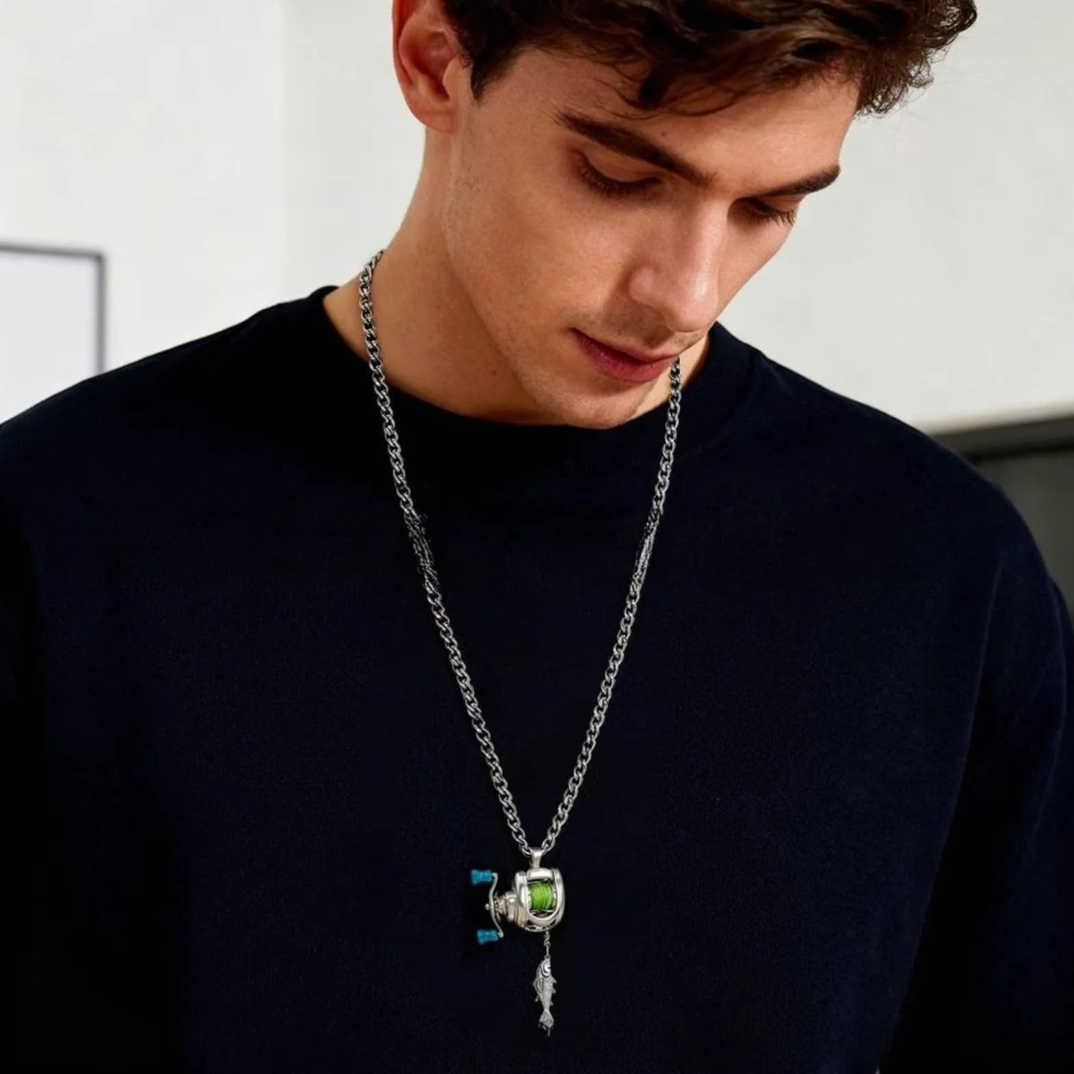 Collier de pêche pendentif anneau alliage chaîne réglable 60 cm bijou pêcheur