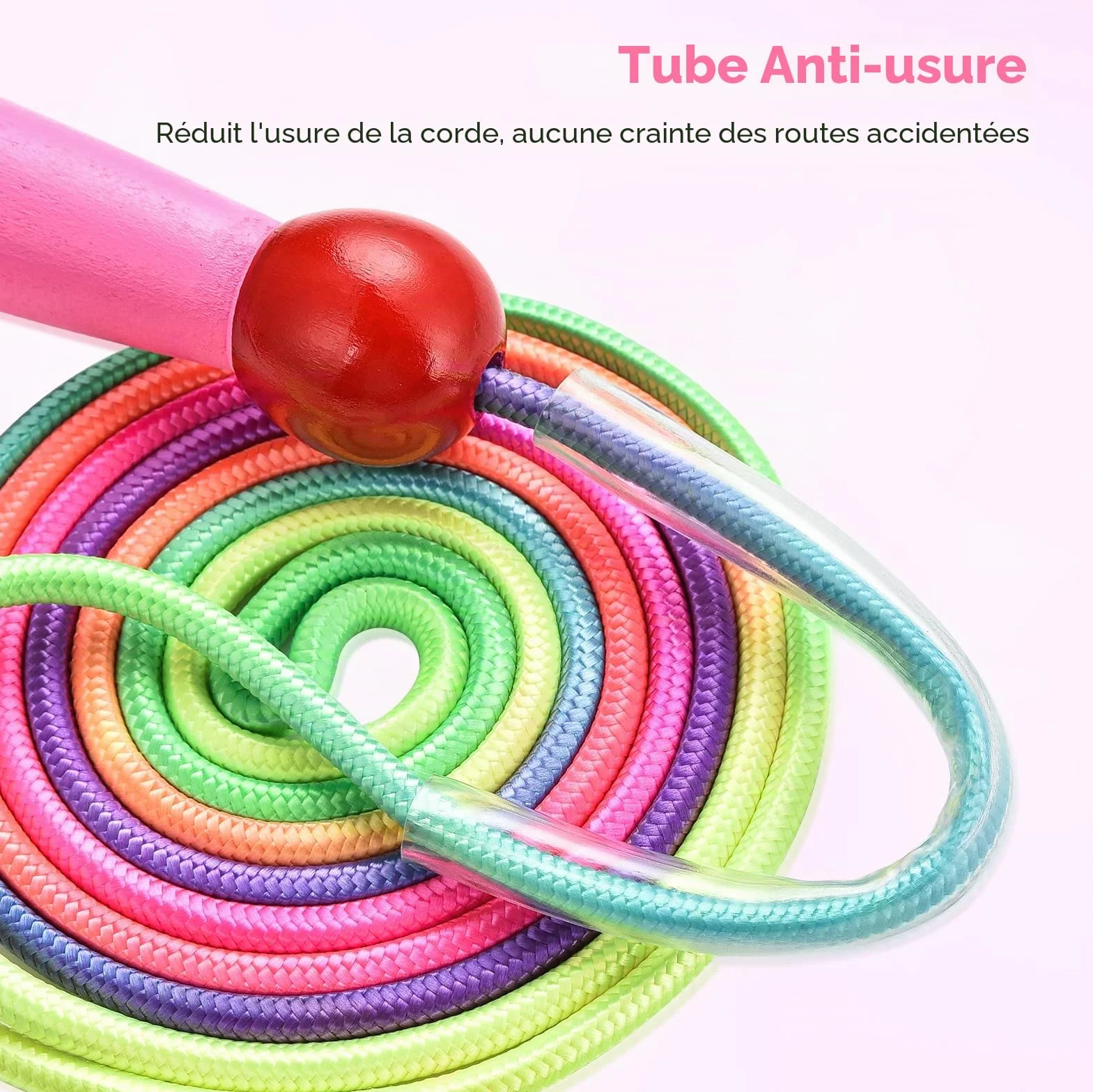 Corde à sauter arc-en-ciel réglable pour enfants avec poignée en bois