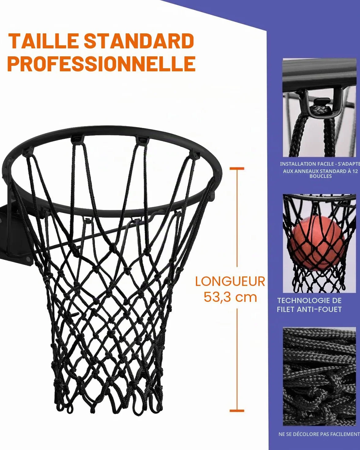 Filet de Basket-Ball de Rechange Résistant, Qualité Professionnelle, Anti-Fouet Toutes Saisons