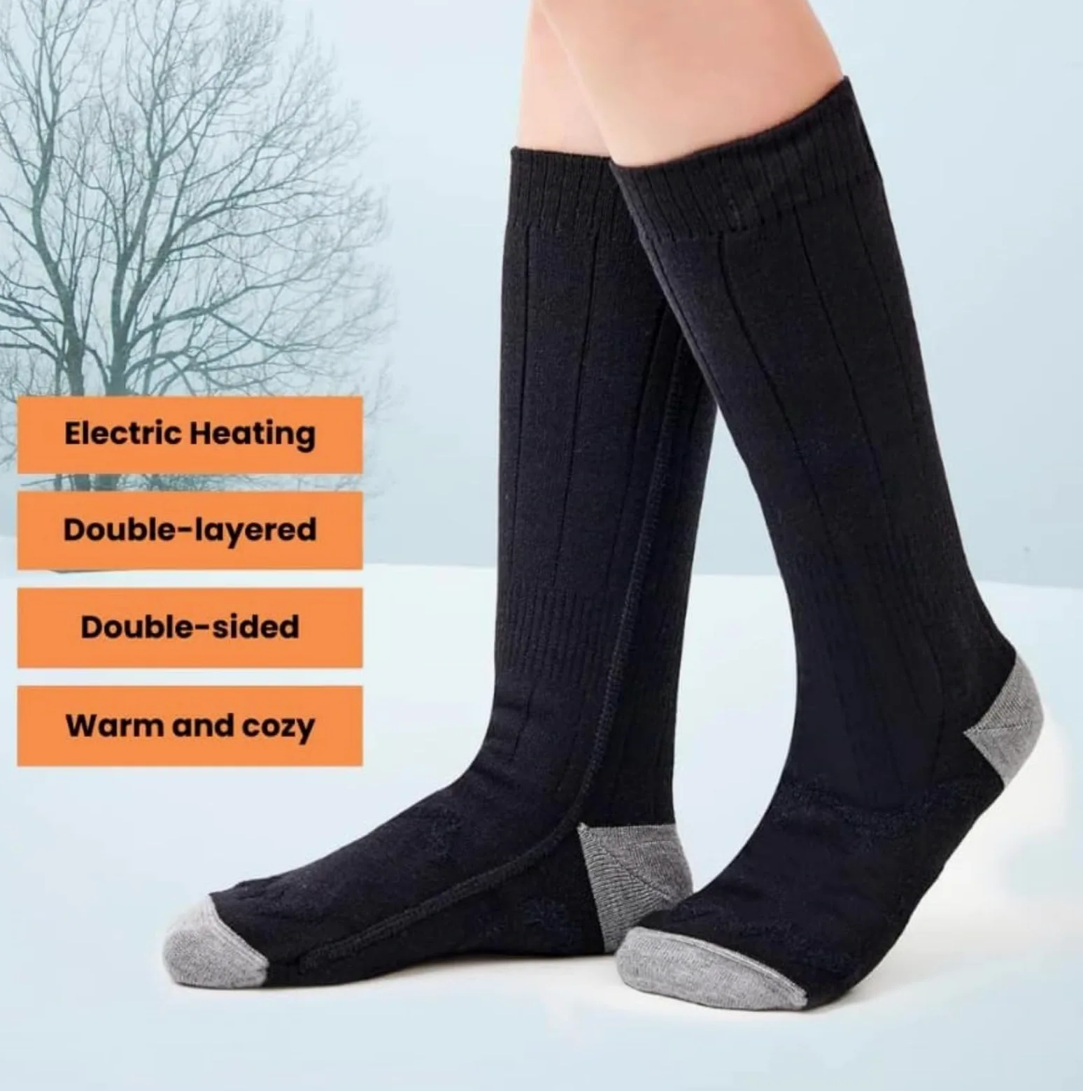 Chaussettes de ski chauffantes électriques – 4 niveaux de température rechargeables double couche thermiques pour homme et femme