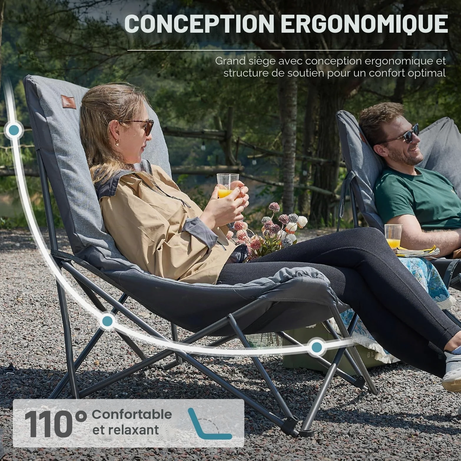 EVER ADVANCED Chaise de Camping Pliable XXL 180kg, Dossier Haut | Chaise pliante surdimensionnée à dossier haut, relax pour camping, jardin, balcon, pêche, intérieur, grise