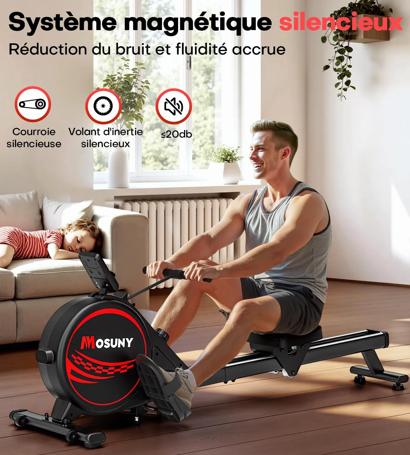 MOSUNY Rameur Magnétique 16/32 Niveaux Résistance Glissières Doubles Ultra Silencieux 160/180 kg