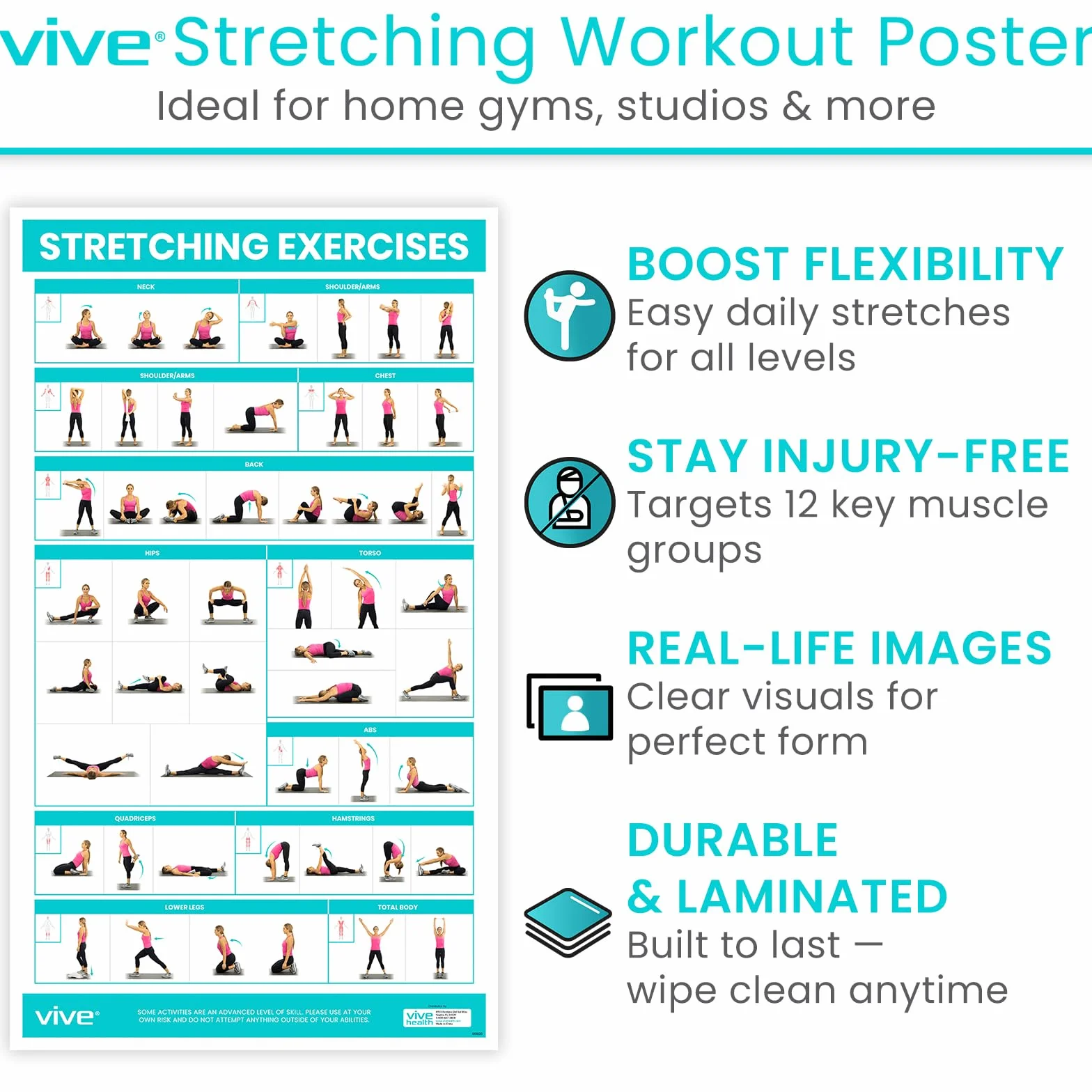 Vive Poster d'exercices d'étirement – Guide de fitness et rééducation – 52 exercices
