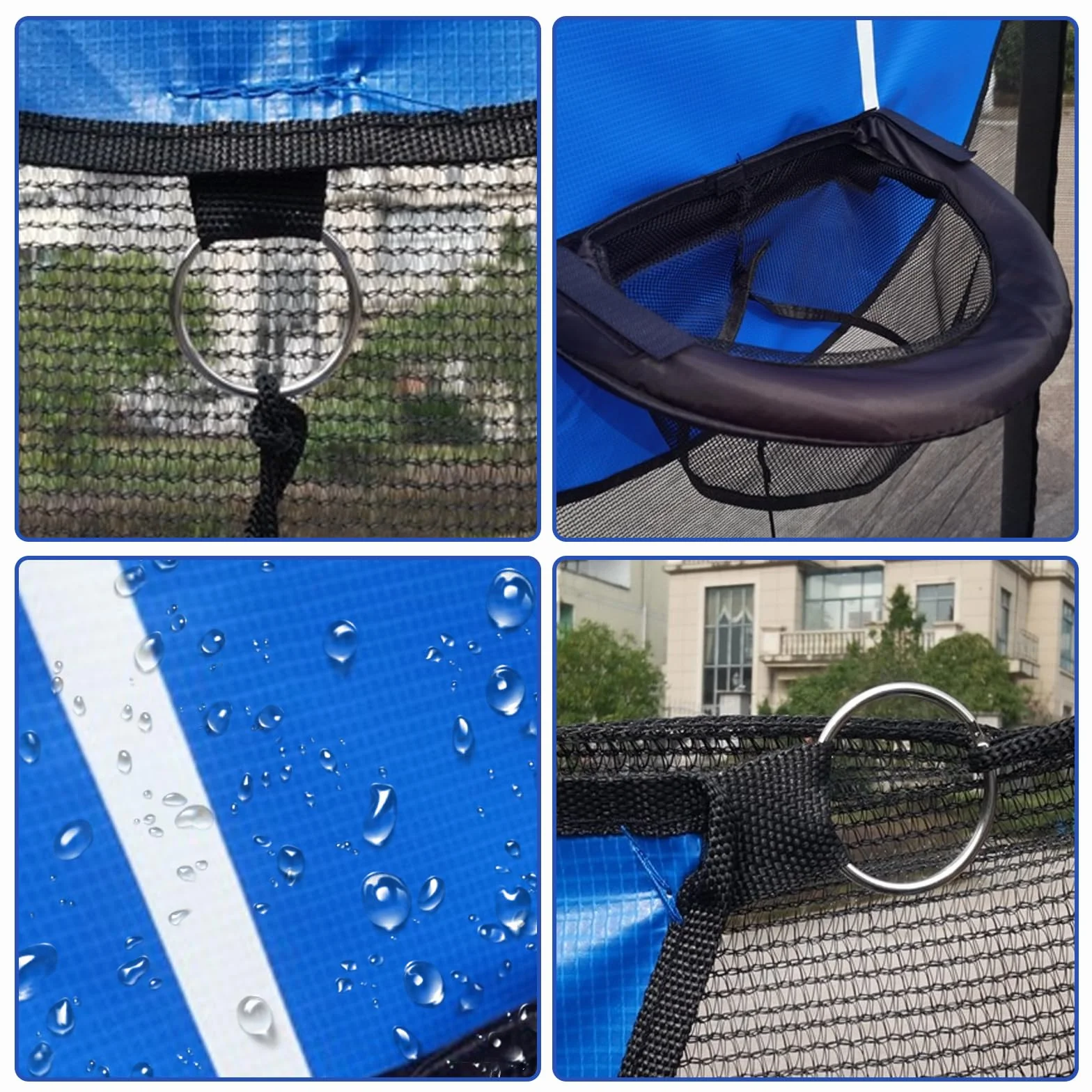 Panier de basket pour trampoline avec 4 mini ballons et pompe, support universel avec protection solaire - Bleu