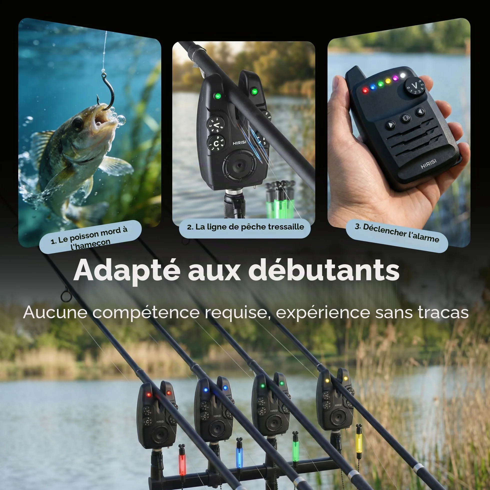 Hirisi Tackle Lot de détecteurs de touche pour carpe avec télécommande sans fil, 6 couleurs réglables, sensibilité, volume et son, cordon inclus
