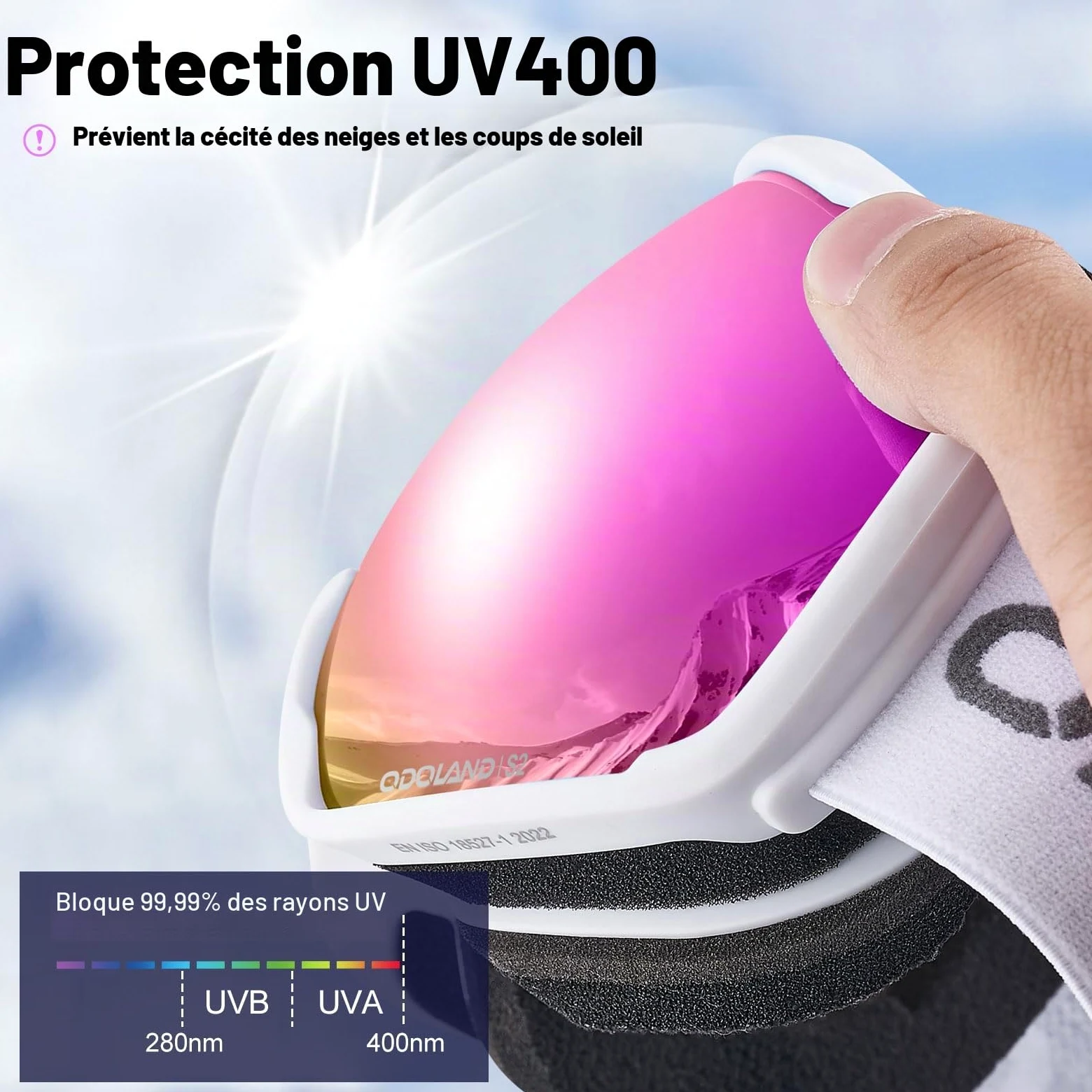 Odoland Lunettes de Ski Masque de Snowboard pour Homme & Femme Anti-UV400, Anti-Buée, Coupe-Vent, Lunettes de Protection avec Lentille Sphérique