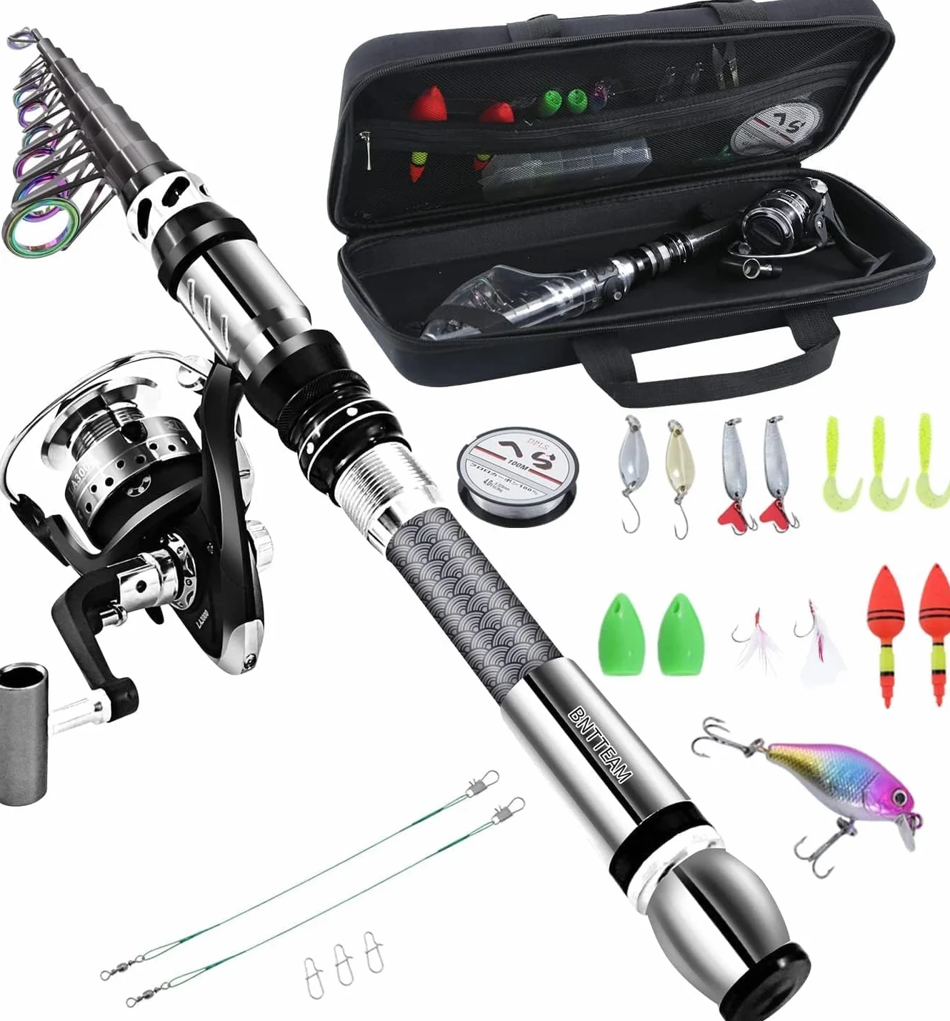 Ensemble de Canne à pêche Portable en Fibre de Carbone avec Moulinet et Pointe Fluorescente, Kit de Voyage Eau Douce Salée