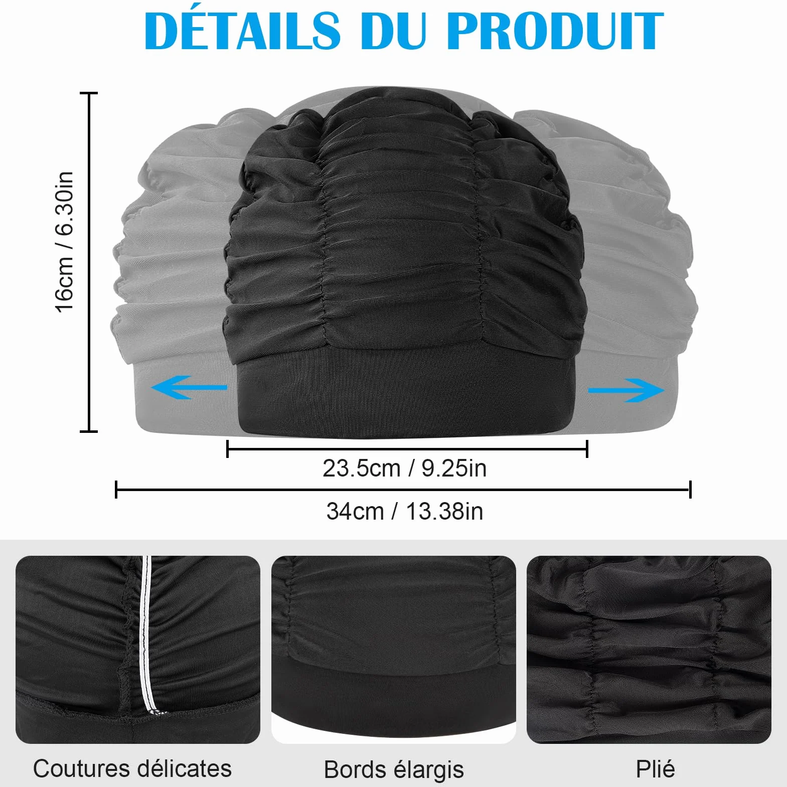 Bonnets de Bain Élastique en Tissu Polyester pour Natation, Cagoule Piscine pour Cheveux Longs Femme Homme Enfant