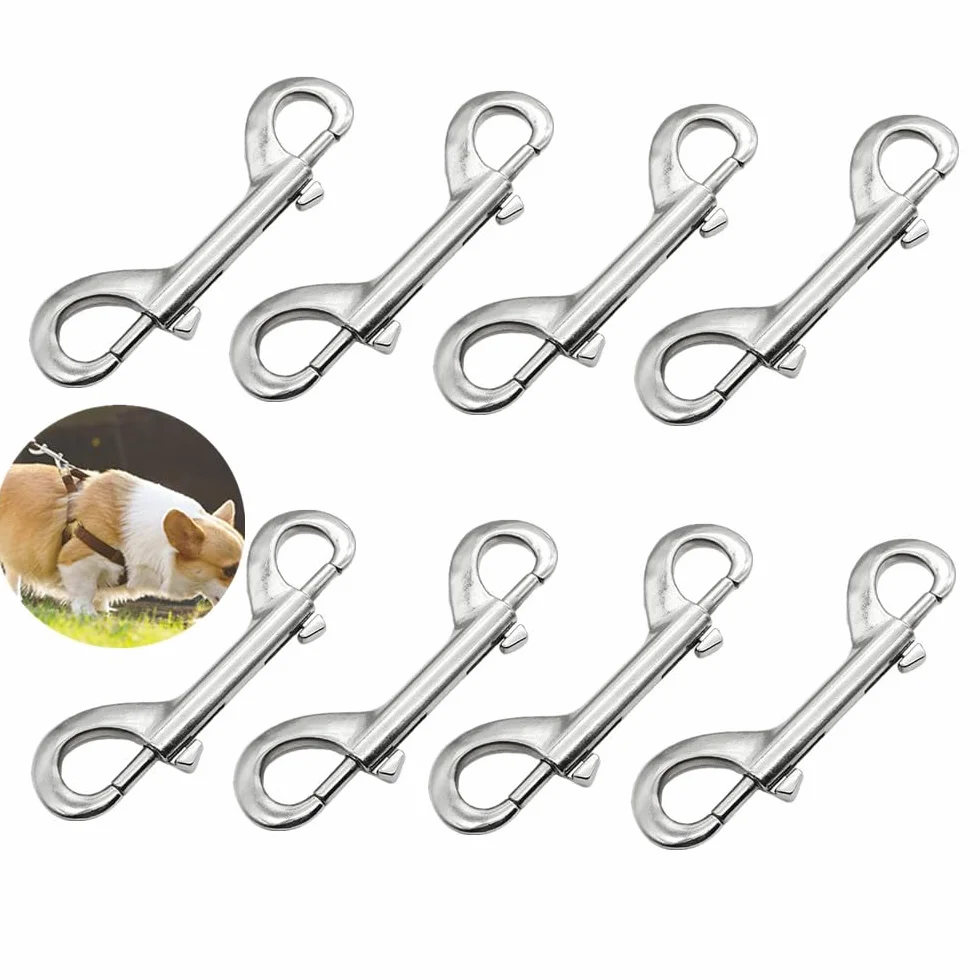 Lot de 8 mousquetons à double extrémité en acier inoxydable pour laisses chien, camping, porte-clés