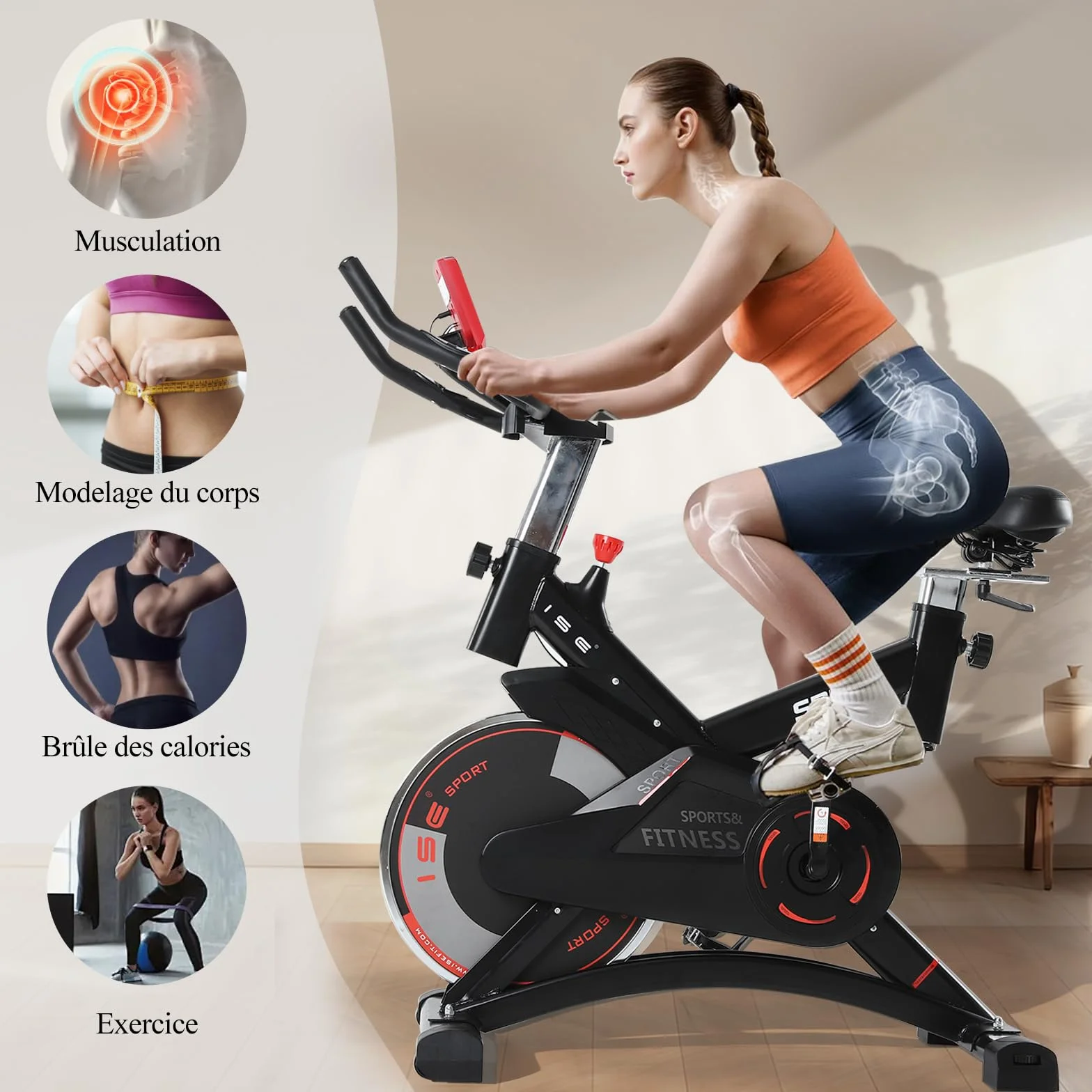 ISE Velo d'Appartement Exercise Bike Cardio-Training Ecran Impulsion Hauteur Réglable