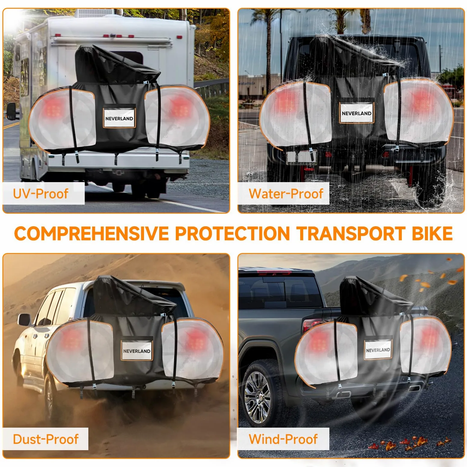 NEVERLAND Housse de protection pour vélo pour le transport sur porte-vélo – Housse de protection robuste 600D pour 1 vélo – Housse d'extérieur imperméable sur porte-vélo arrière avec panneaux en PVC