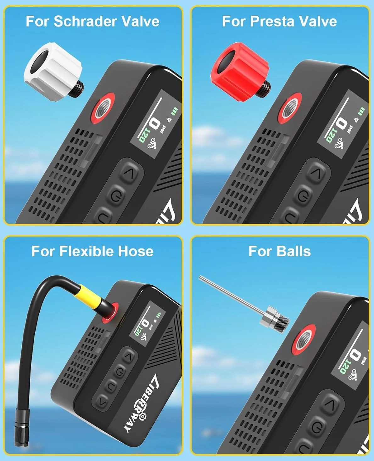 Mini pompe à vélo électrique 120 PSI avec arrêt automatique, manomètre et lumière LED, pompe à vélo portable sans fil pour VTT, vélo électrique, vélos de route/de ville avec valve Presta et Schrader