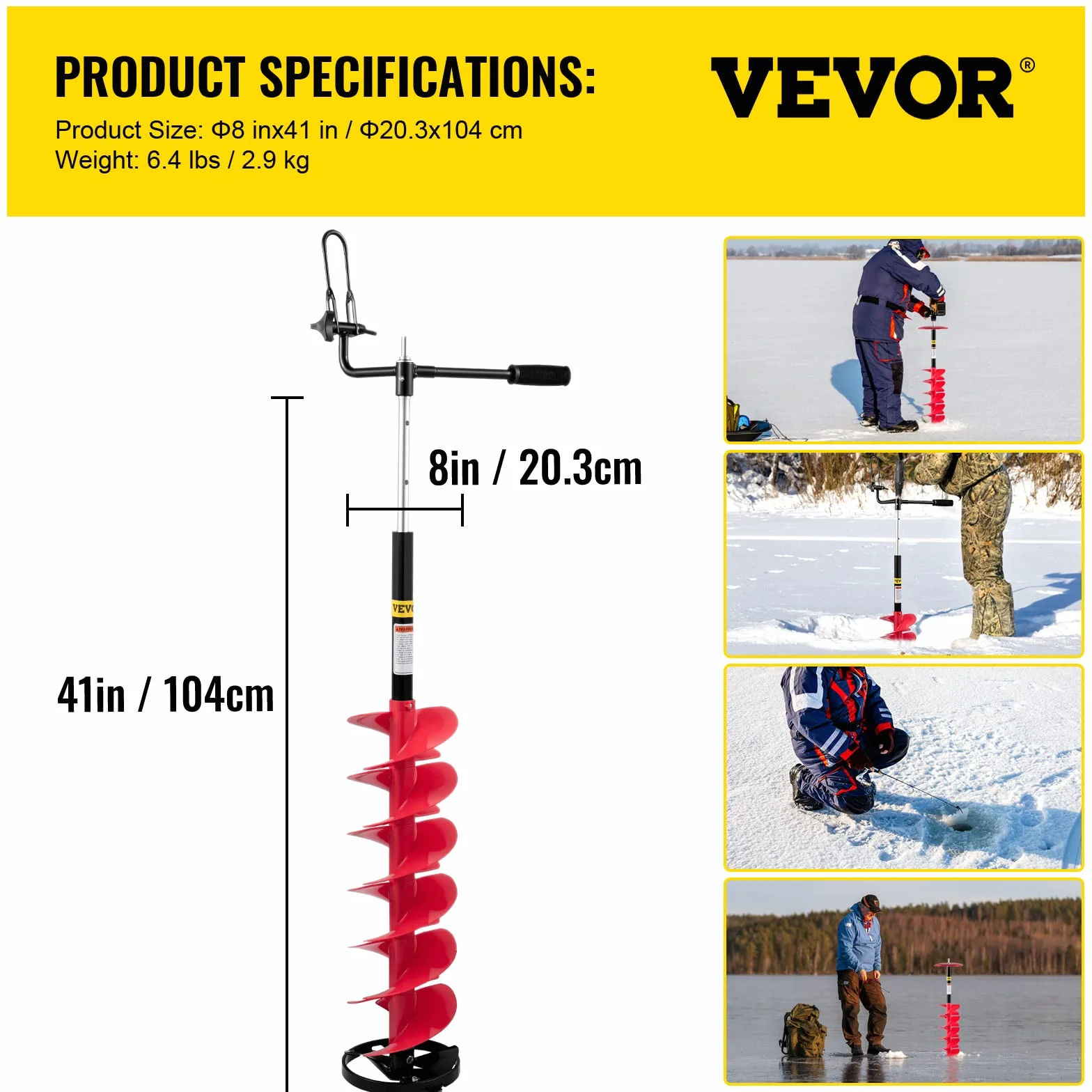 VEVOR Tarière à glace en nylon 20 cm 104 cm mèche tarière perceuse poignée caoutchouc
