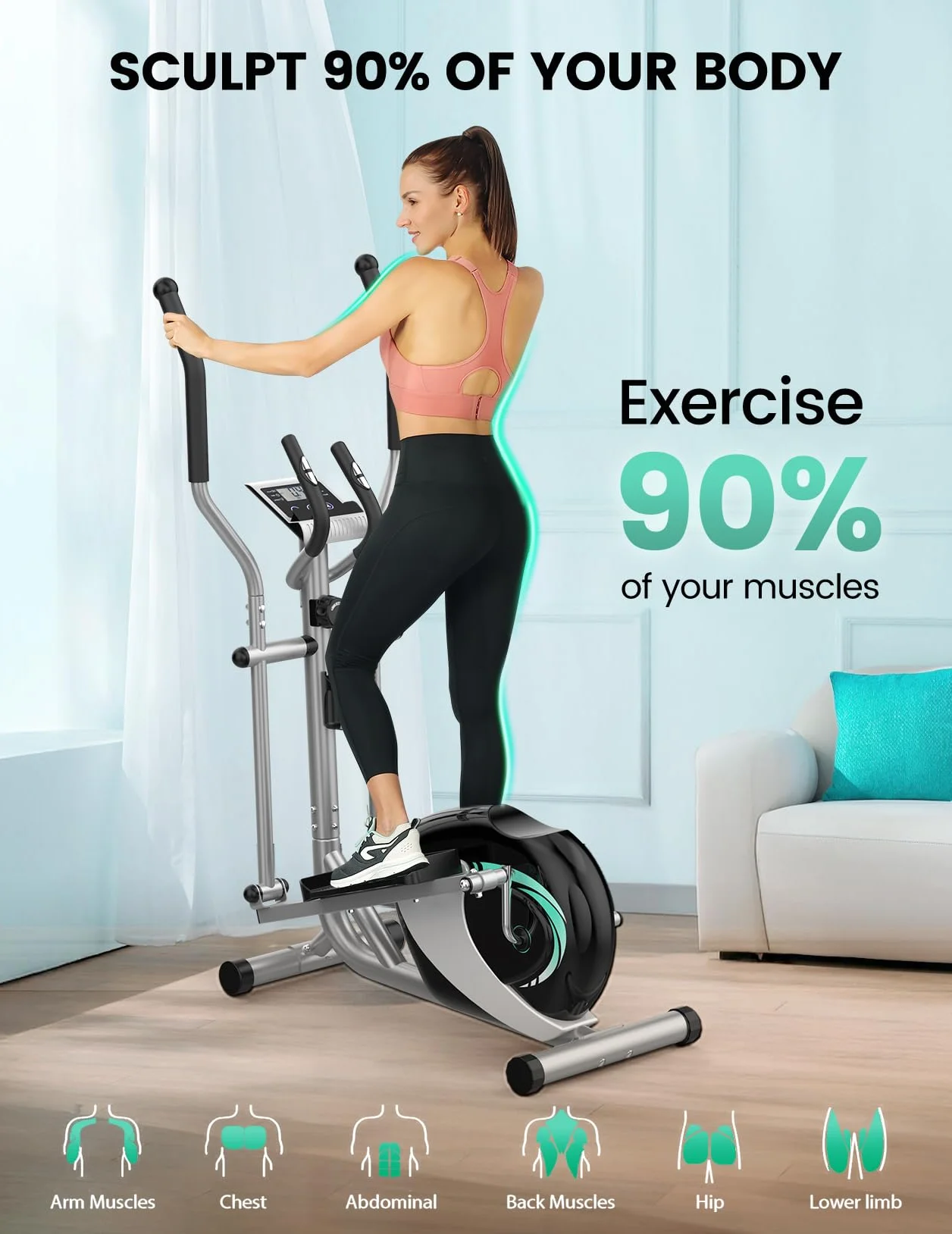 THERUN Vélo Elliptique Compact 16 Niveaux Résistance Réglable avec Capteur Pouls Écran LCD