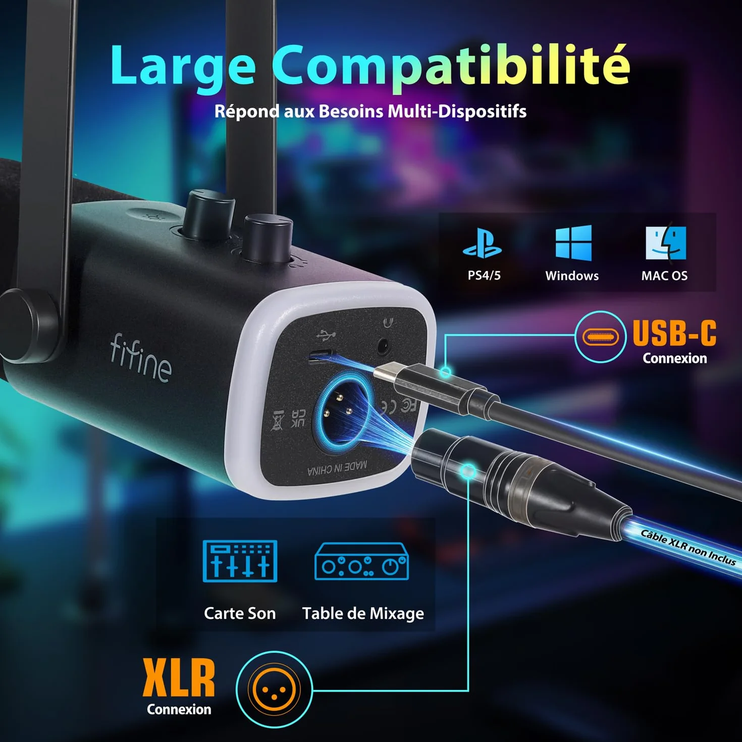 FIFINE USB/XLR Streaming Micro Gaming PC PS4 PS5, RGB Cardioïde Dynamique Microphone avec Support, pour Mixer Cartes Son, Podcasting, Enregistrement Vocal