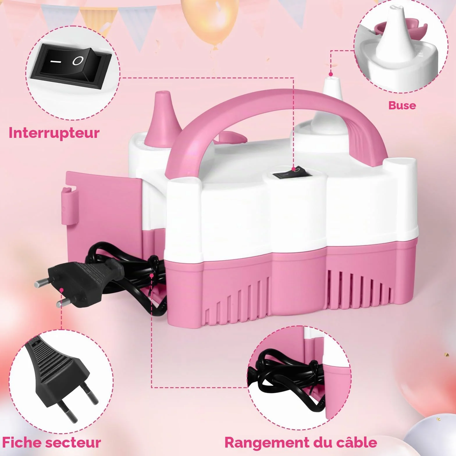 HELESIN Pompe à Ballons Électrique, Gonfleur Ballon Portable avec 4 Accessoires, Double Buse
