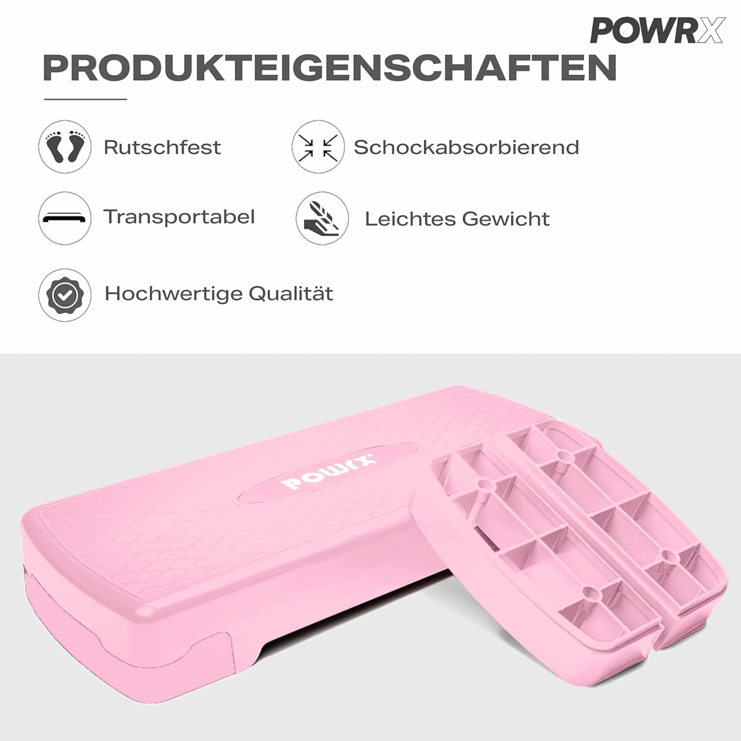 POWRX Step Board d'aérobic Hauteur réglable 68 x 28 cm Rose