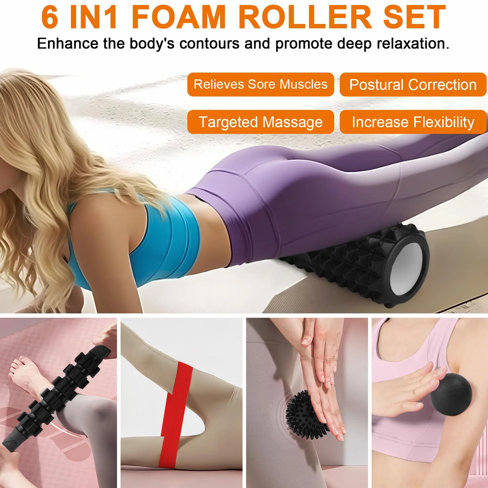 Rouleau de Massage 7 en 1 Foam Roller Kit avec Bâton, Boule de Fascia, Tendeur et Bandes de Résistance