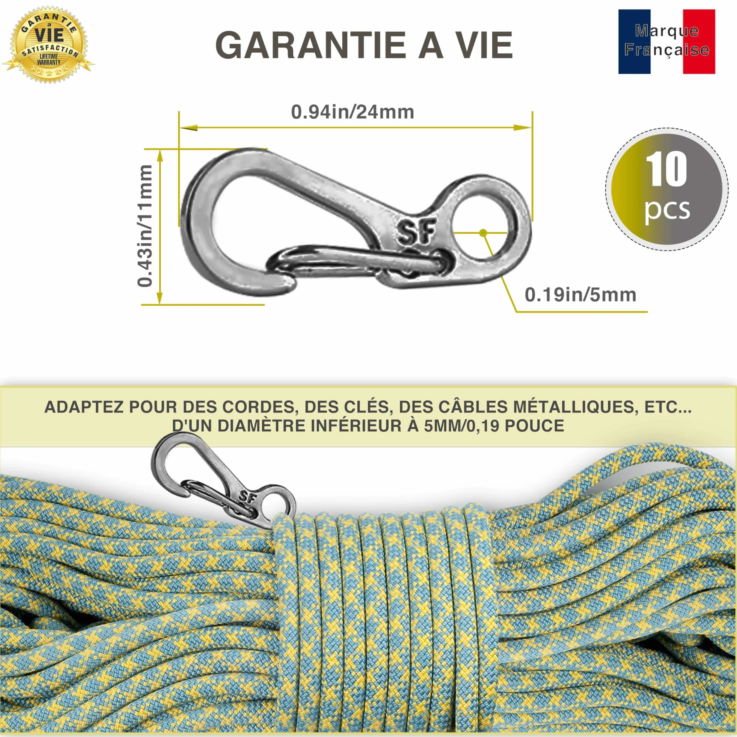 Marque Francaise Mini Mousqueton Lot de 10 Poids 5KG Porte clefs Camping Randonnée Escalade