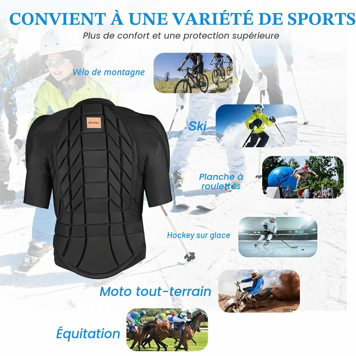 BenKen Équipement de protection ultra léger pour le ski, la colonne vertébrale et le dos, vêtements anti-collision pour snowboard, patinage, ski, équitation, moto, motocross Taille M