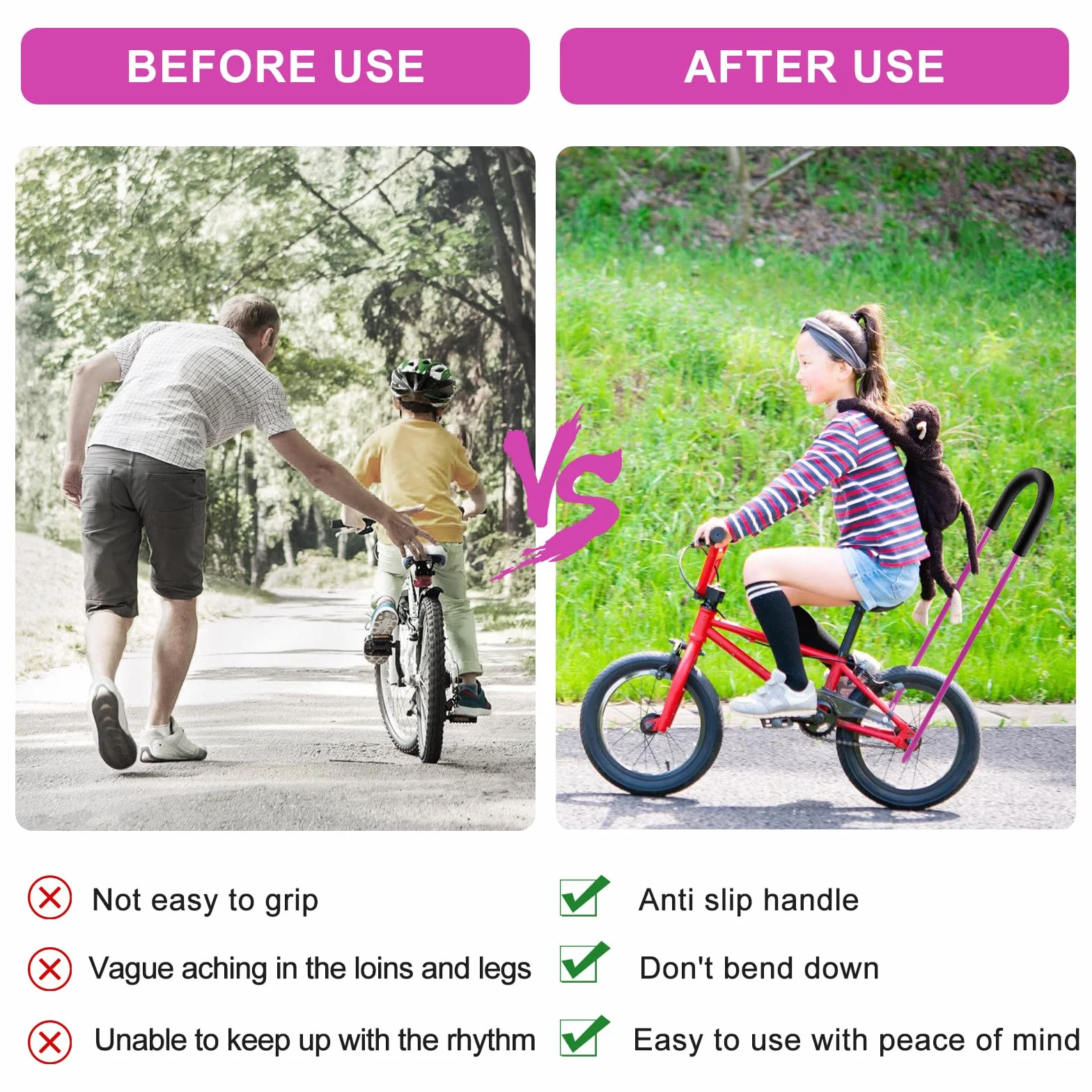 PORFOYO Barre de Poussée pour Vélo Enfant, Poignée d'Apprentissage, Accessoire Cyclisme Sécurité (Rose)