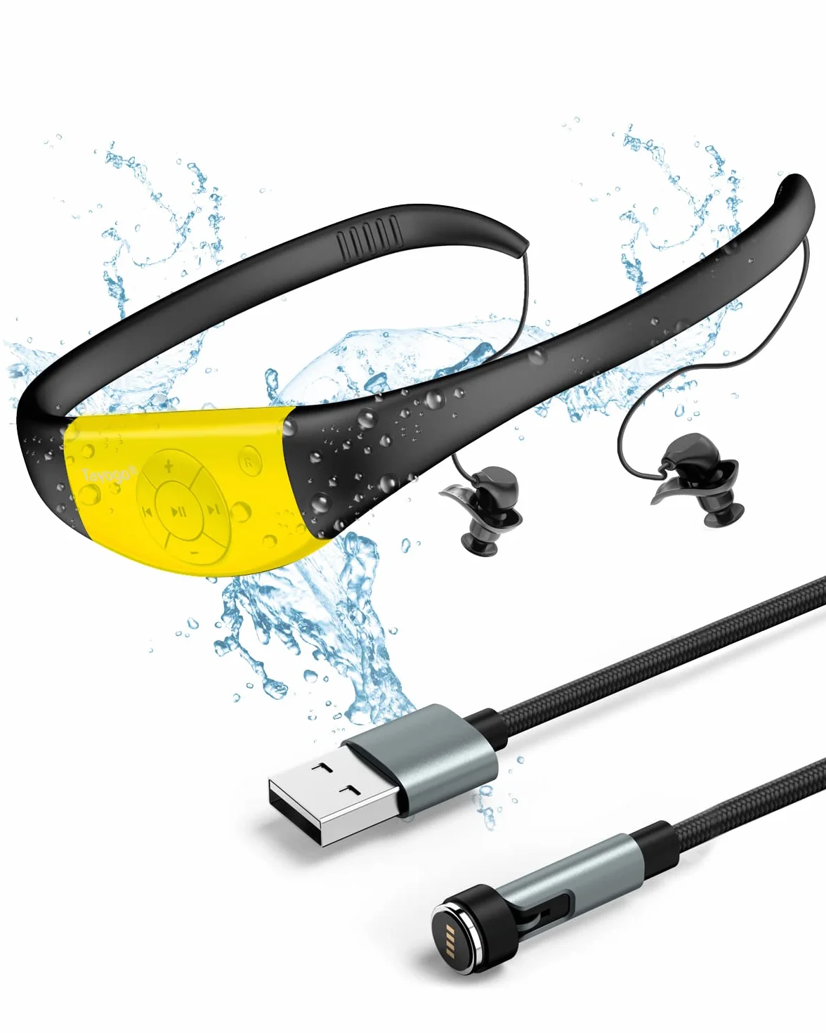 Tayogo Lecteur MP3 de Natation étanche IPX8 8GB, Casque avec revêtement Silicone, Autonomie 20 Heures