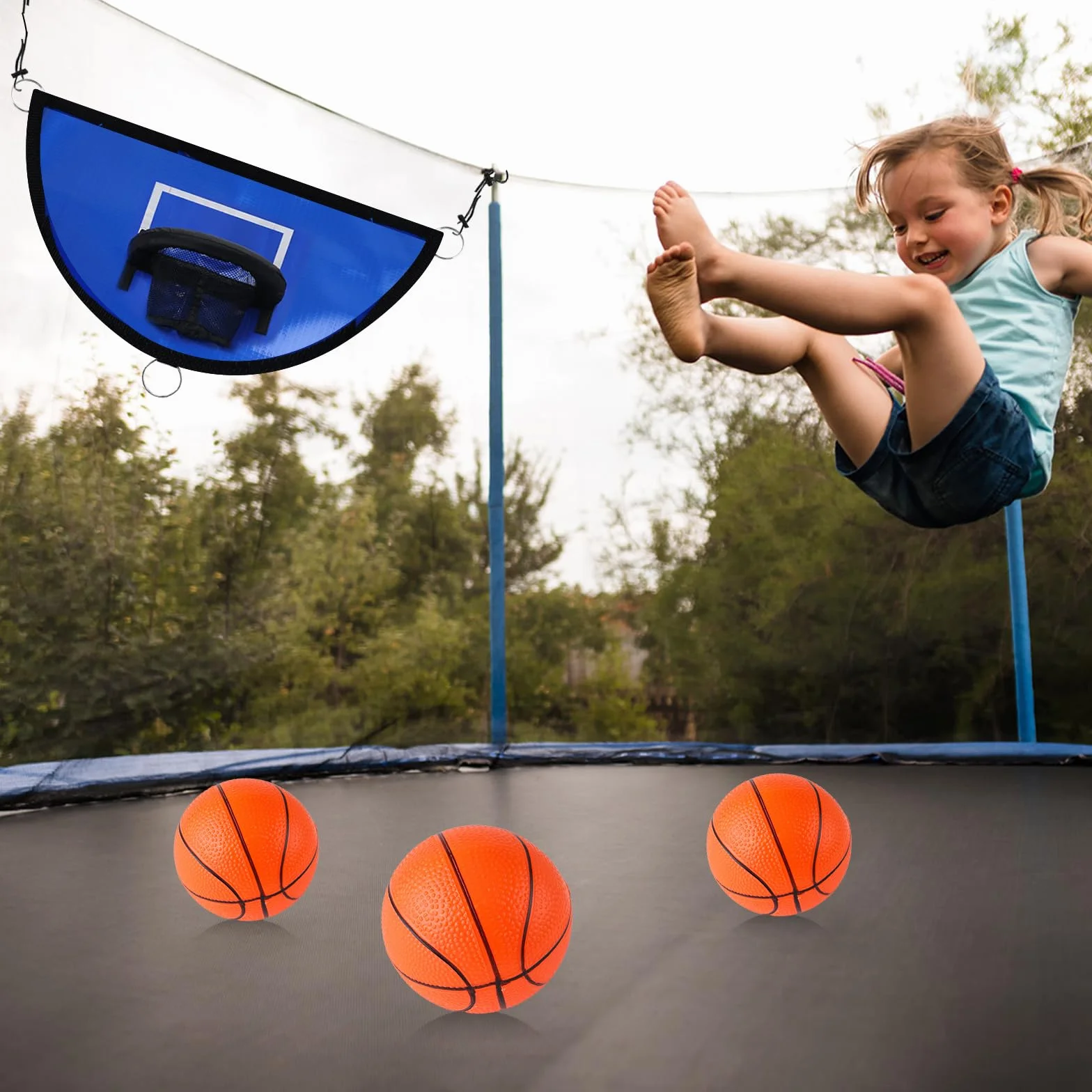 Panier Basket Trampoline avec 3 Balles et Pompe, Filet Amovible pour Sports Intérieur Extérieur