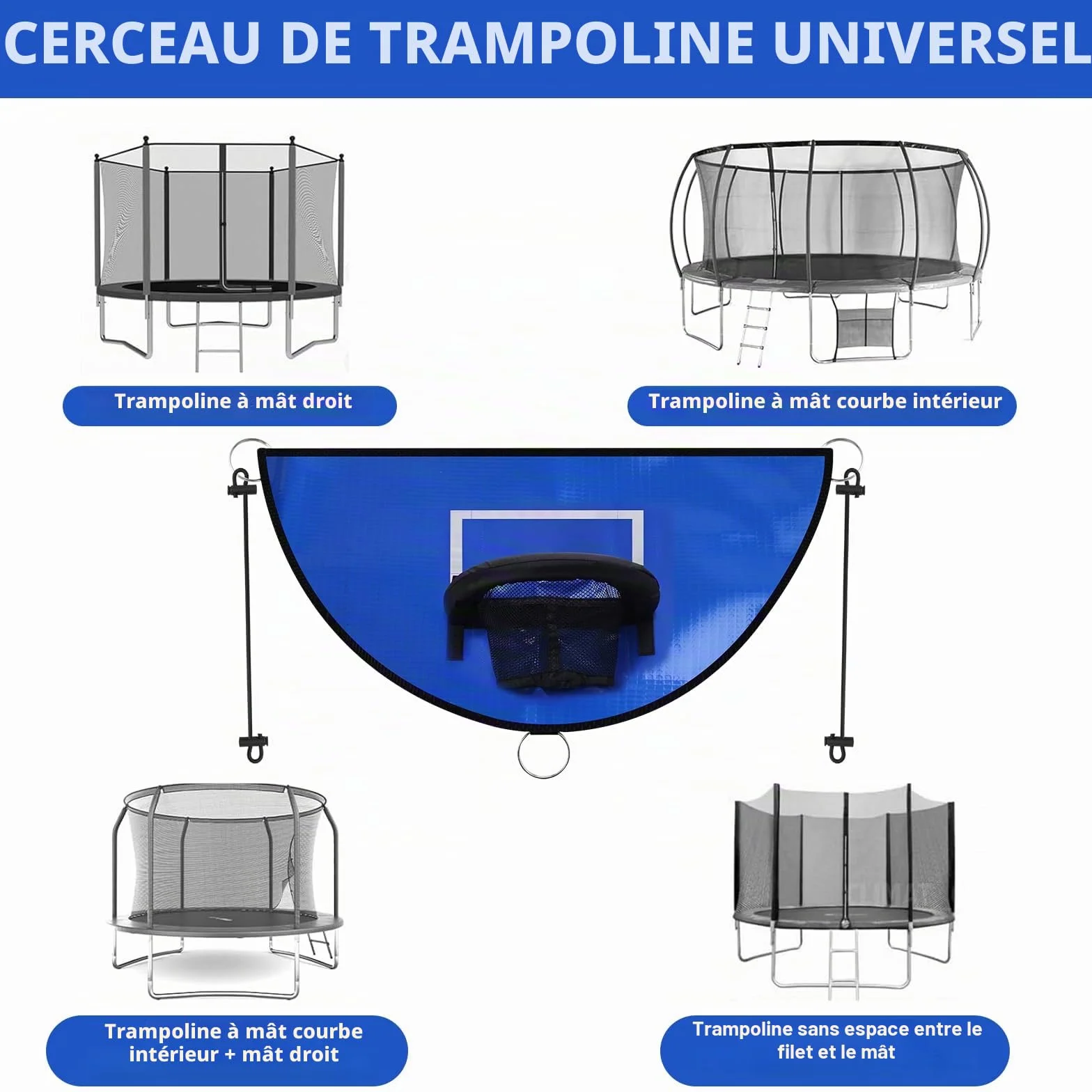 Panier Basket Trampoline avec 3 Balles et Pompe, Filet Amovible pour Sports Intérieur Extérieur