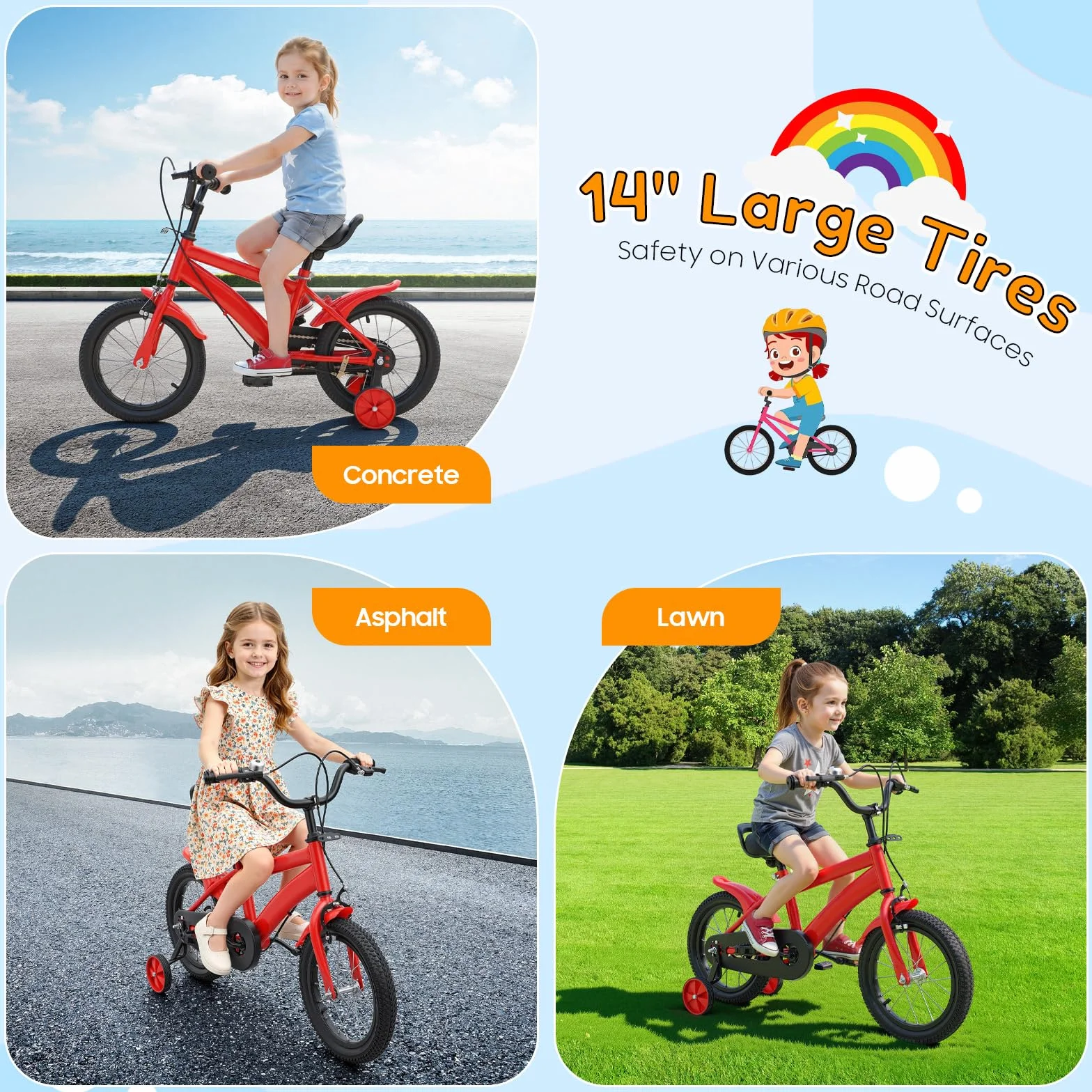 Vélo enfant 14 pouces roues stabilisatrices double freinage selle réglable