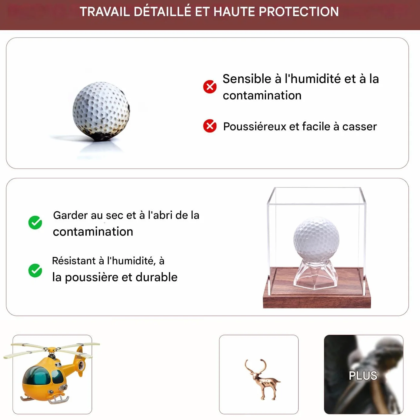 Boîtier d'exposition pour balles de golf avec support en bois, anti-poussière