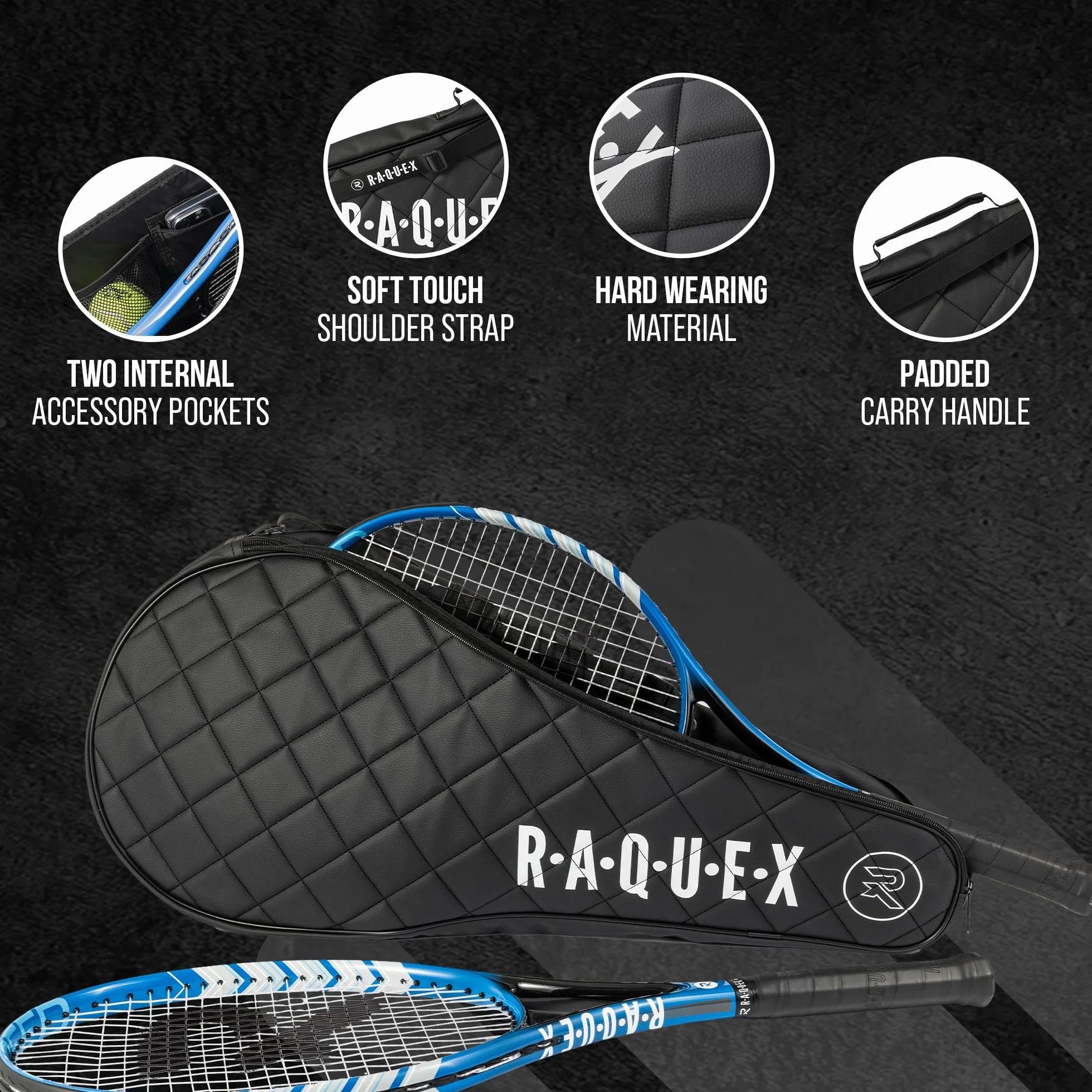 Raquex Elite Housse de protection pour raquette de tennis 2 – Sac matelassé en similicuir rembourré – Noir