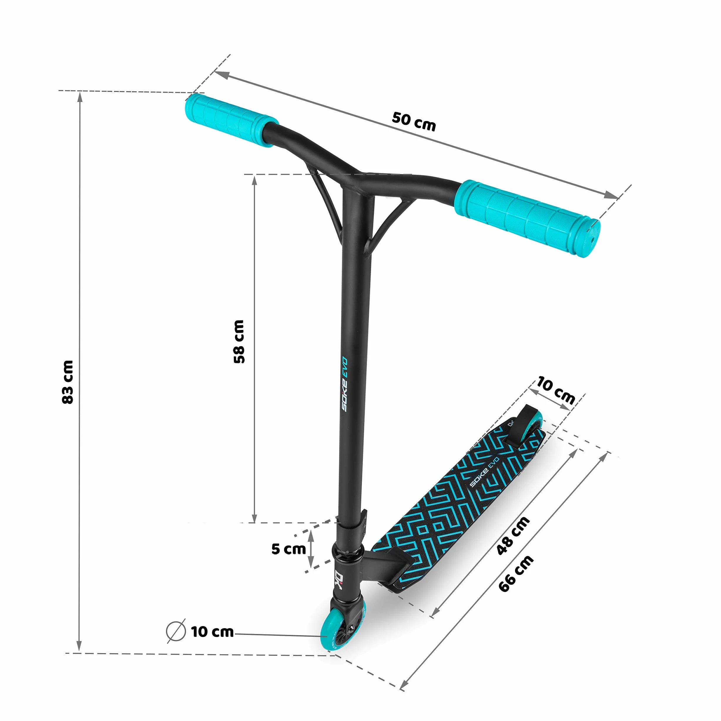 SOKE Evo Stunt Scooter für Extreme Skateparkfahrten – ABEC-9 Carbonlager aus verchromtem Stahl – PU-Räder 88A – Y-Bar-Lenker mit TPR-Griffen – Aluminium-Deck