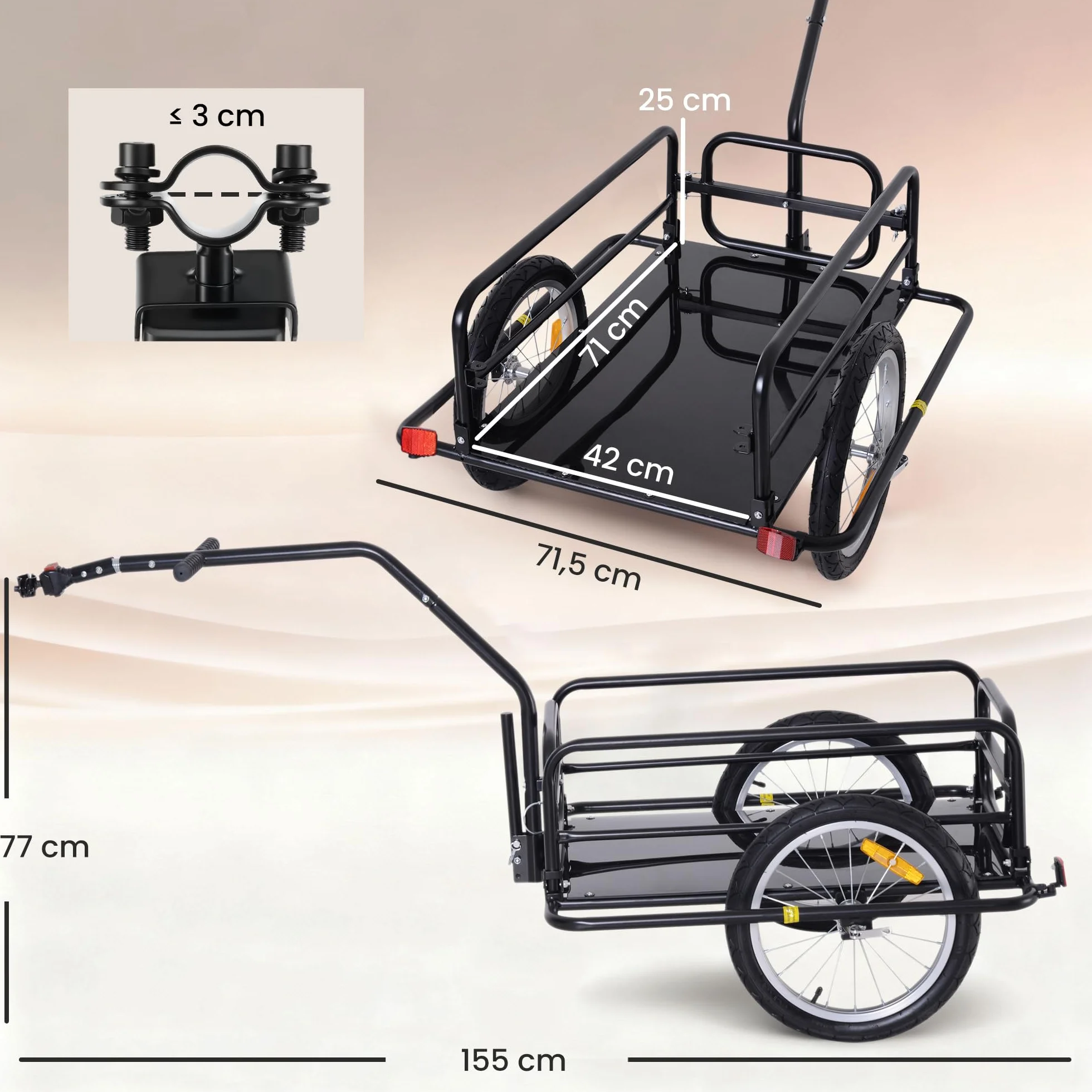 Remorque vélo pliable barre d'attelage universelle acier noir