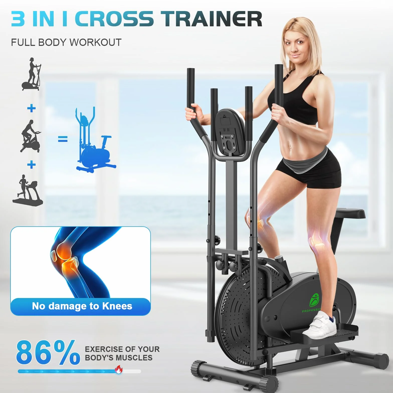 Crosstrainer Vélo Elliptique 2 en 1 avec Siège, Moniteur LCD, Résistance Réglable