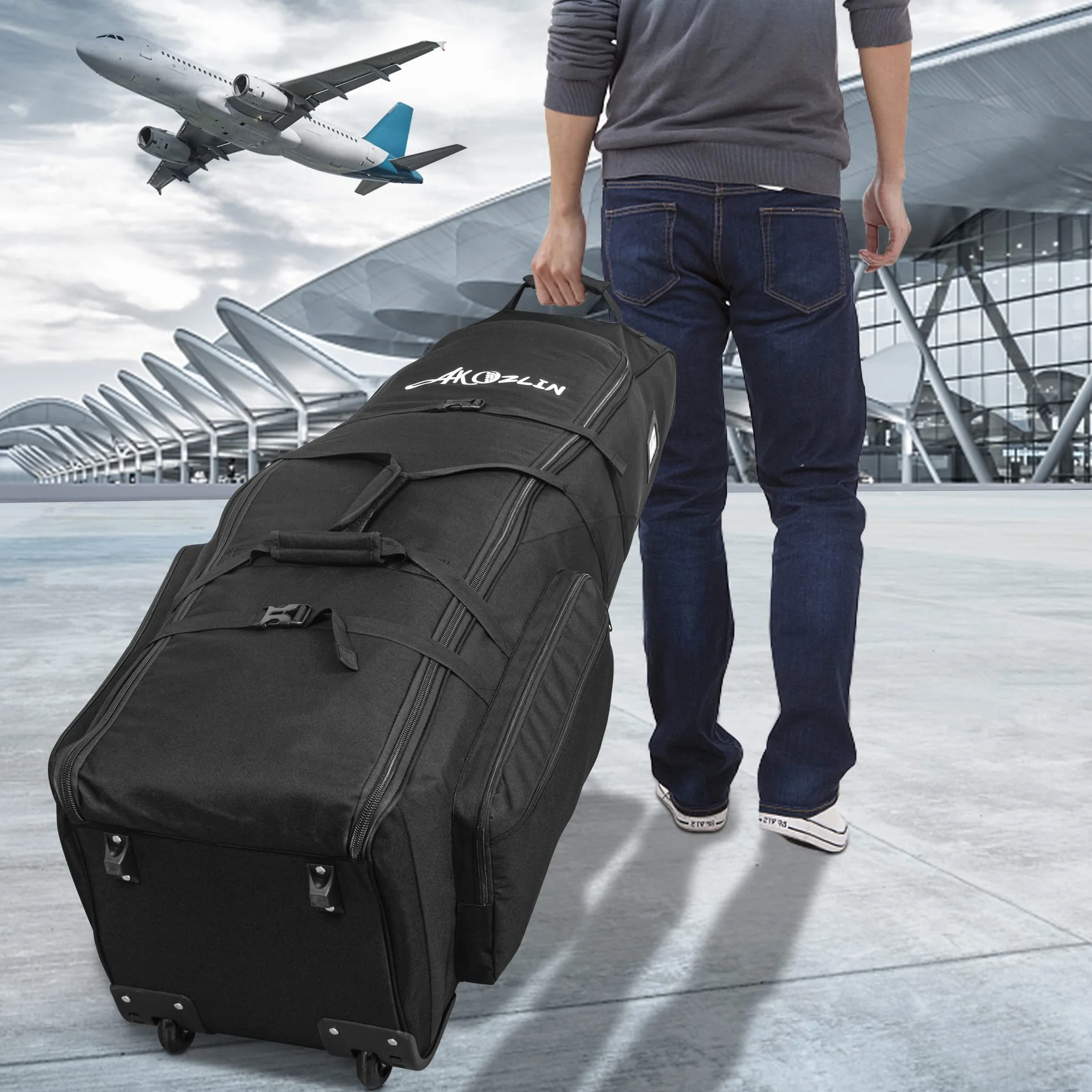 Sac de golf de voyage AKOZLIN avec roues 900D Oxford robuste rembourré pliable imperméable noir