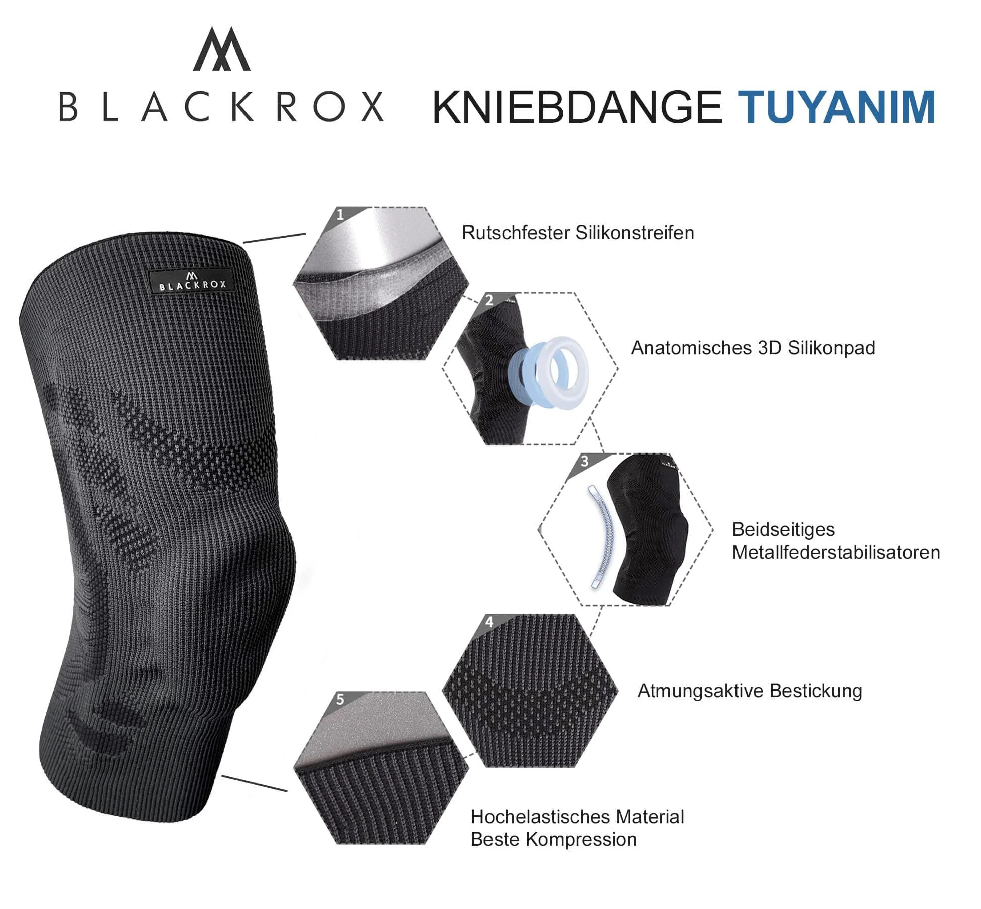 BLACKROX Tuyanim Sport Kraftsport Femme Homme Bague en Silicone Léger Patella Gel Rembourré Ressort Stabilisateurs Volley-ball Football Running Genouillères Compression Hommes Femmes