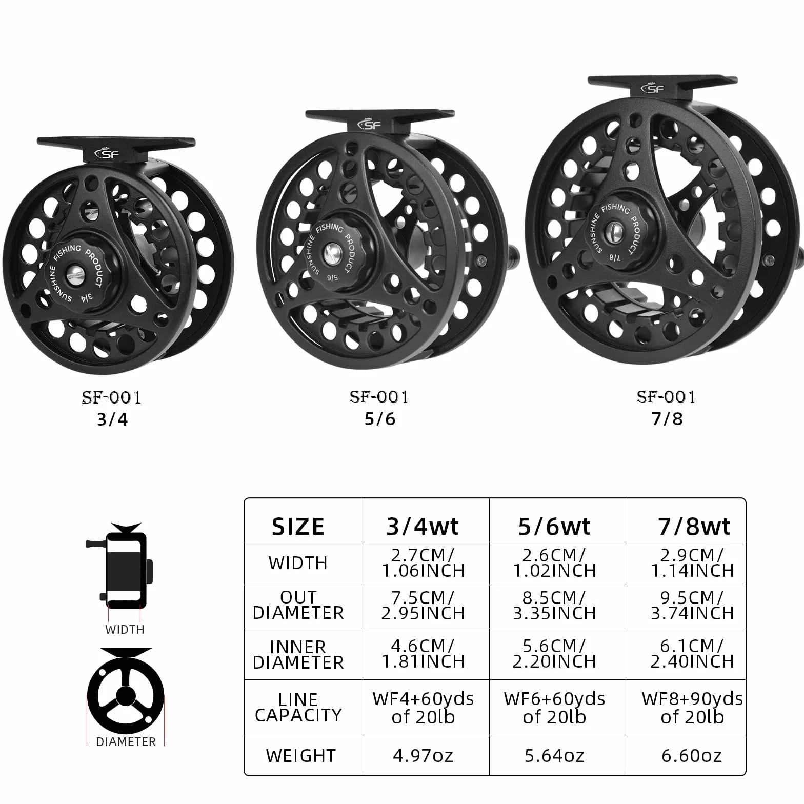 SF SF-001 Moulinet de pêche à la Mouche Corps en Alliage d'aluminium 3/4 WT 5/6 WT 7/8 WT pré-chargé avec Ligne Combo pour Truite Bar Carpe Brochet Panfish