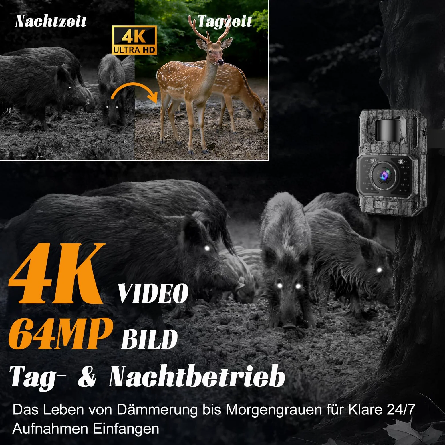 MAXDONE Caméra de chasse avec application de transfert de téléphone portable, caméra d'animaux sauvages 4K 64MP HD avec Wi-Fi, Bluetooth, détecteur de mouvement, vision nocturne, caméra sauvage avec